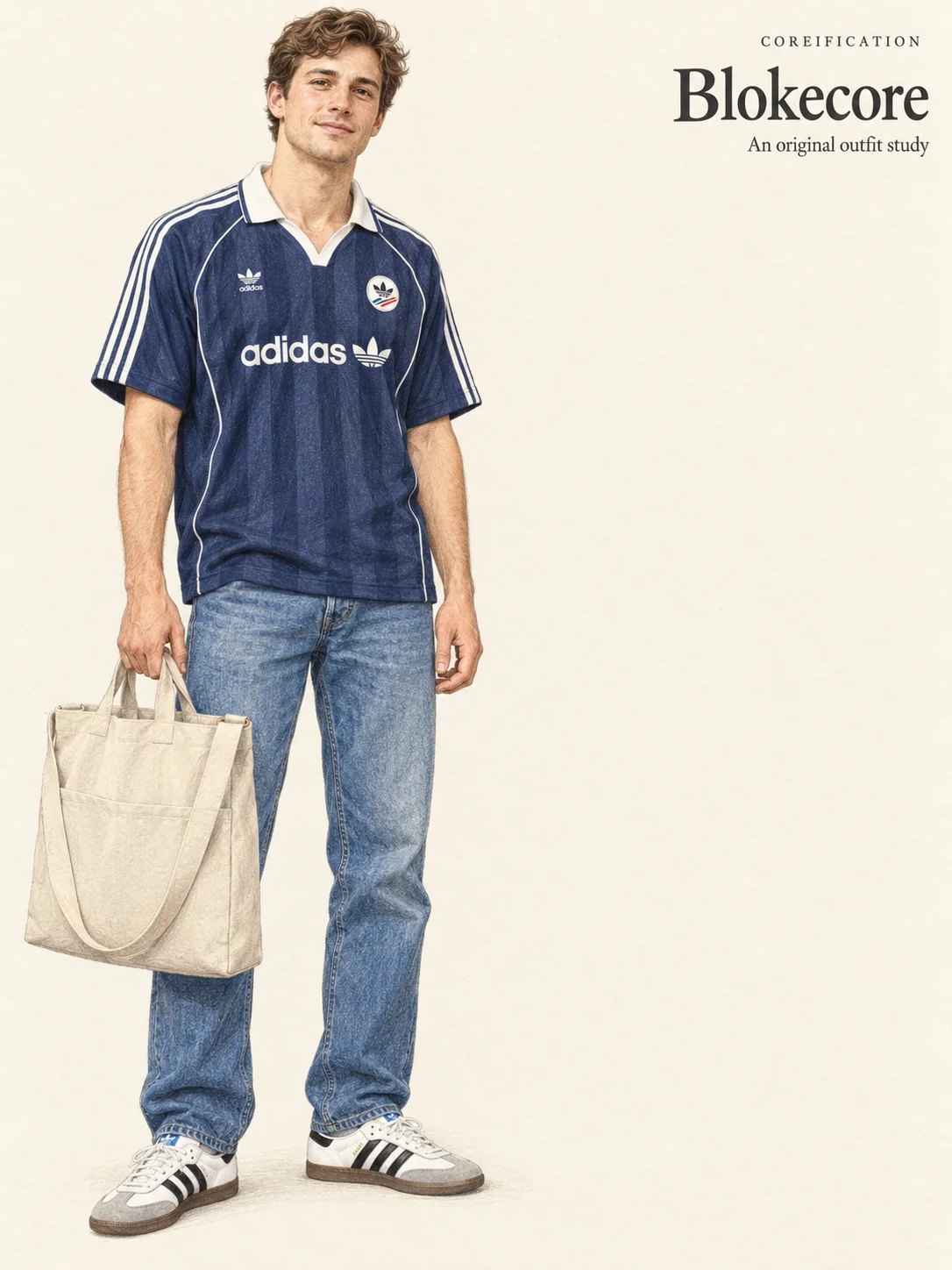 Realistic colored-pencil portrait on warm ivory paper of a light-skinned adult with short wavy chestnut hair wearing a navy collared football-inspired jersey with white shoulder stripes and chest graphics, medium blue straight jeans, and white-and-black low trainers with gray suede toes and brown soles. He holds a broad natural canvas tote by its short handles; its long cloth strap hangs over the large front pocket. The complete figure is at left, with Coreification, Blokecore and An original outfit study at upper right.
