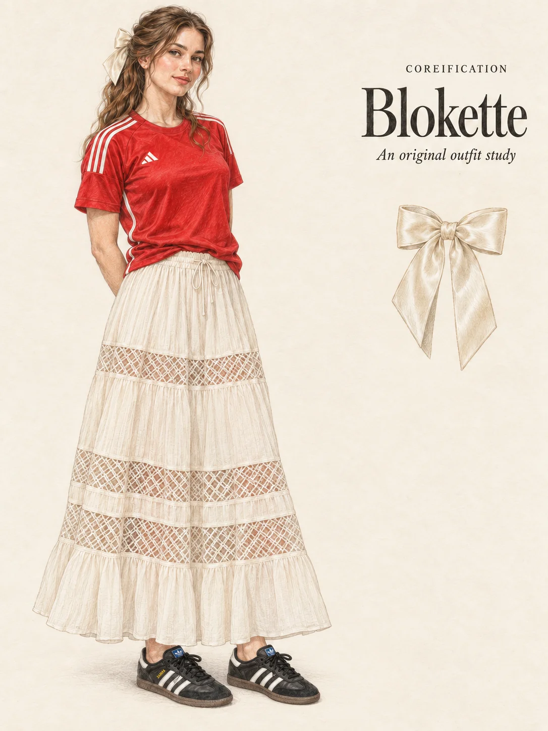 Detailed colored-pencil fashion portrait on warm ivory paper. A light-skinned young woman with softly wavy chestnut hair and one cream satin hair bow wears a red crewneck football jersey with short white shoulder stripes, an ivory long gauze skirt with three horizontal geometric lace insets and a plain gathered hem, and black-and-white low trainers with brown soles. Her complete figure stands at left. Coreification, Blokette and An original outfit study appear at upper right above a small study of the same cream bow.