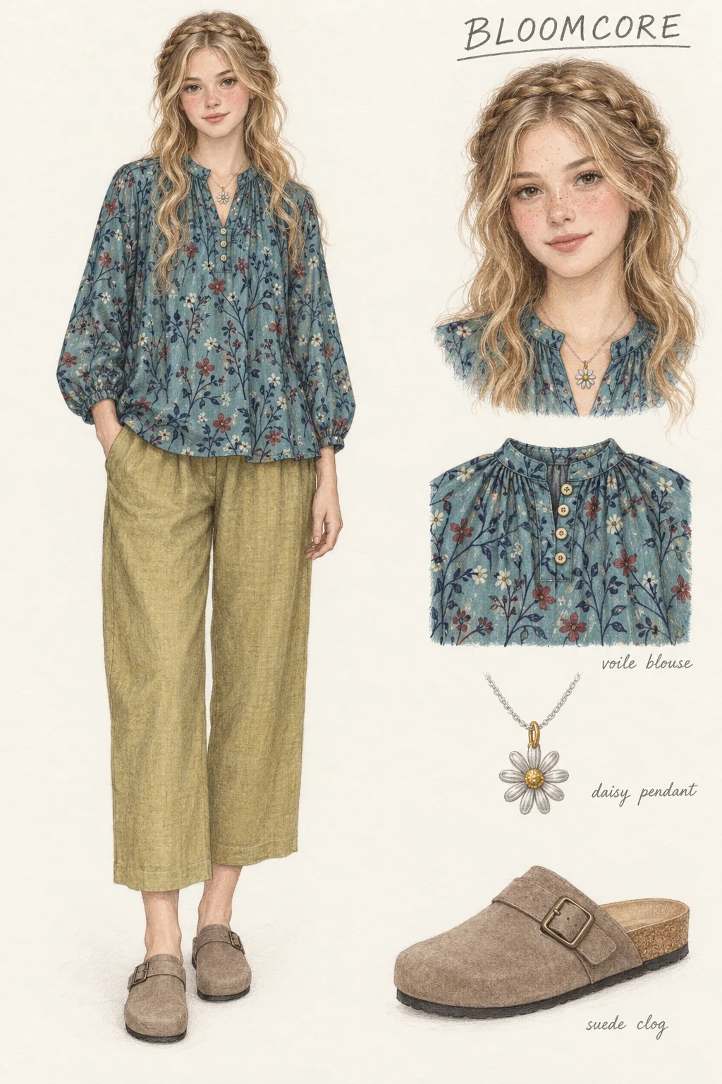 Full-length colored-pencil fashion sketch on warm ivory paper. Youthful freckled face, long honey-blonde waves with a braided crown, rosy cheeks, softly defined brown lashes and pink lips. Same styling repeats in the portrait inset. Airy teal branching-floral short-placket blouse, plain olive loose cropped linen trousers, small daisy necklace and taupe round open-heel clogs. One hand rests naturally in a pocket, the other visible; complete hair, both shoe soles and softly shaded slender ankles retained. Face and garment studies are separate at right.
