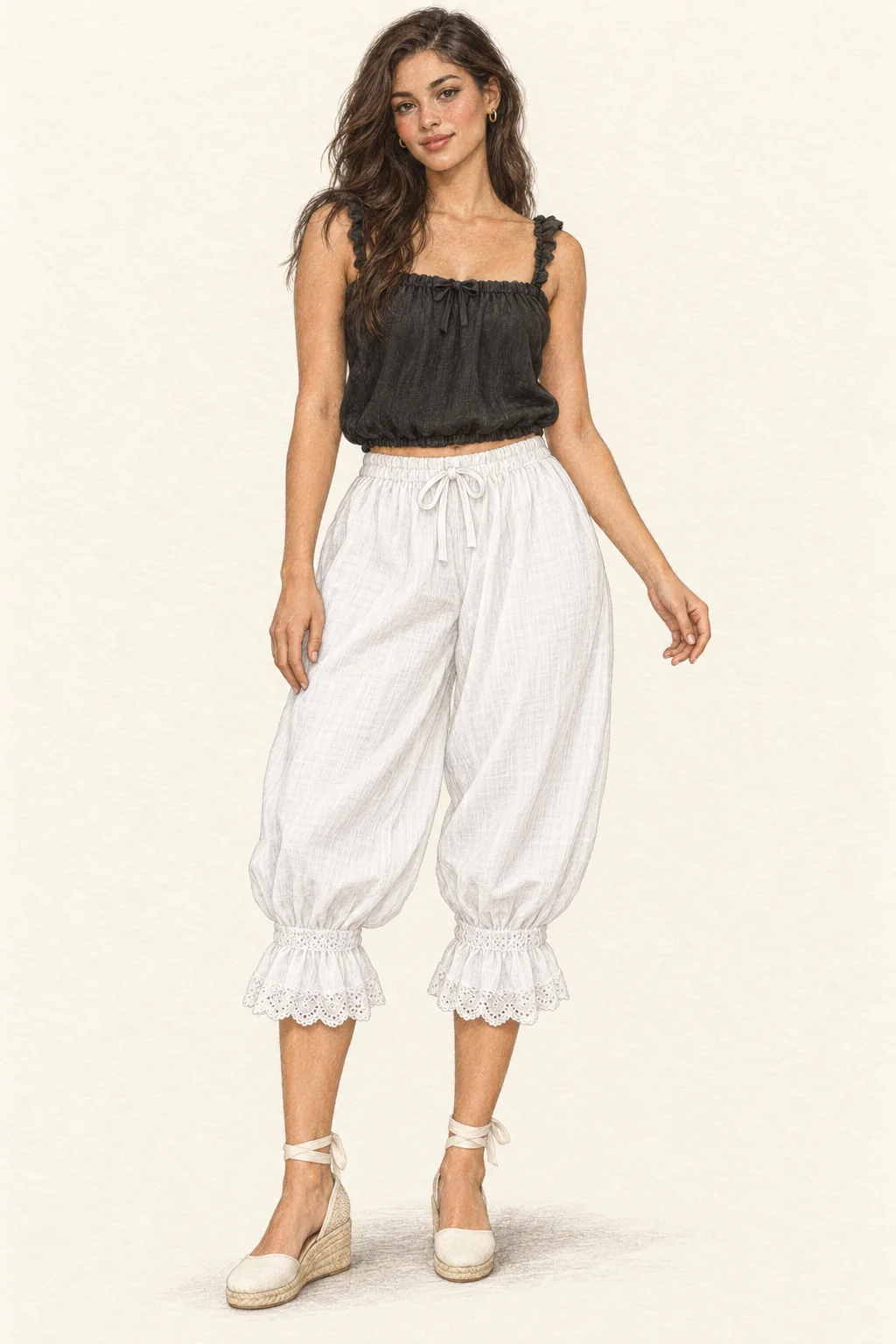 Full-length coloured-pencil portrait of a young woman wearing a black ruffled camisole, white lace-cuff pantaloons and ivory espadrilles.