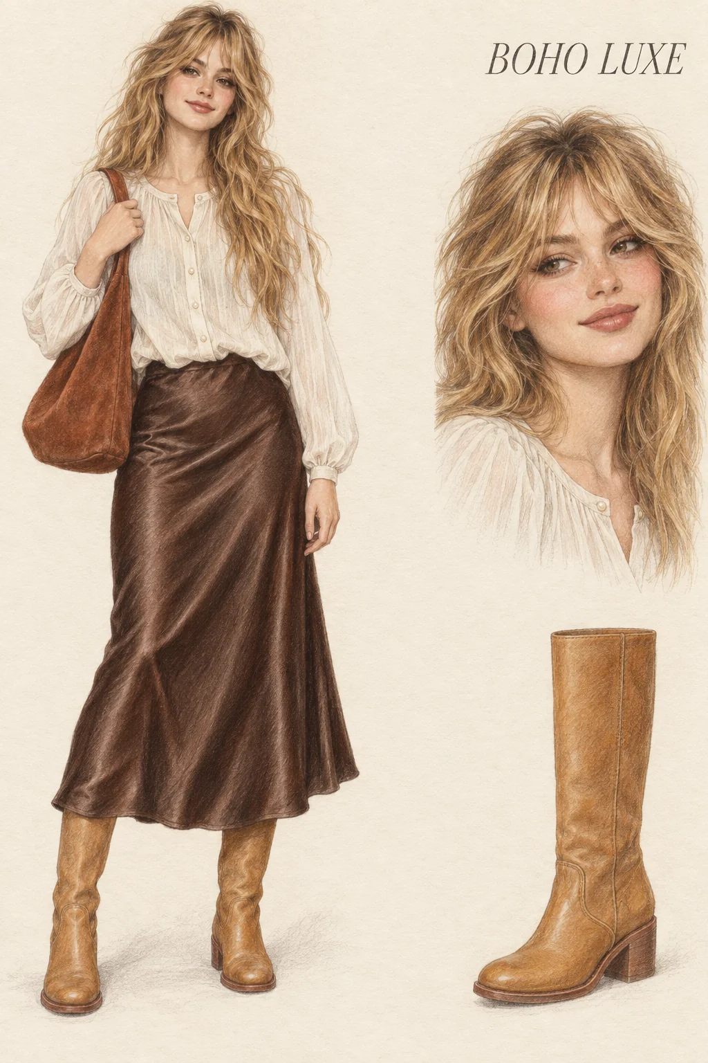 Colored-pencil Boho Luxe study: ivory voile, chocolate silk and warm suede, youthful fictional character with separate face and footwear studies.