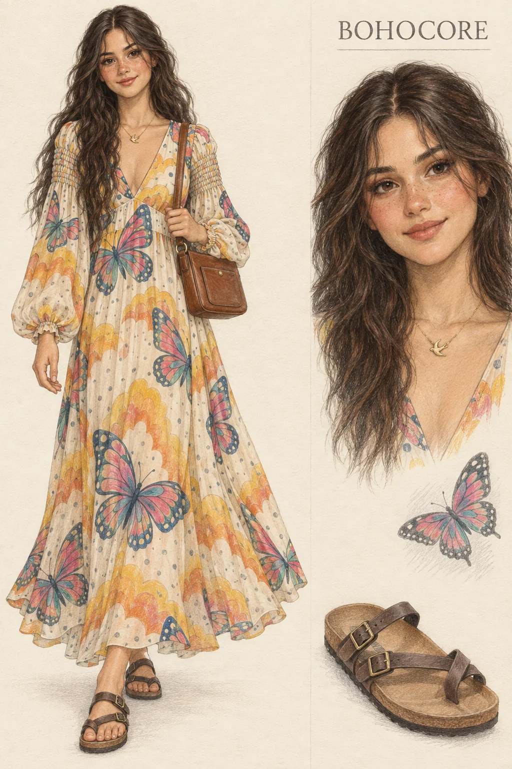 Colored-pencil Bohocore study: butterfly chiffon with low sandals and cognac leather, youthful fictional character with separate face and footwear studies.
