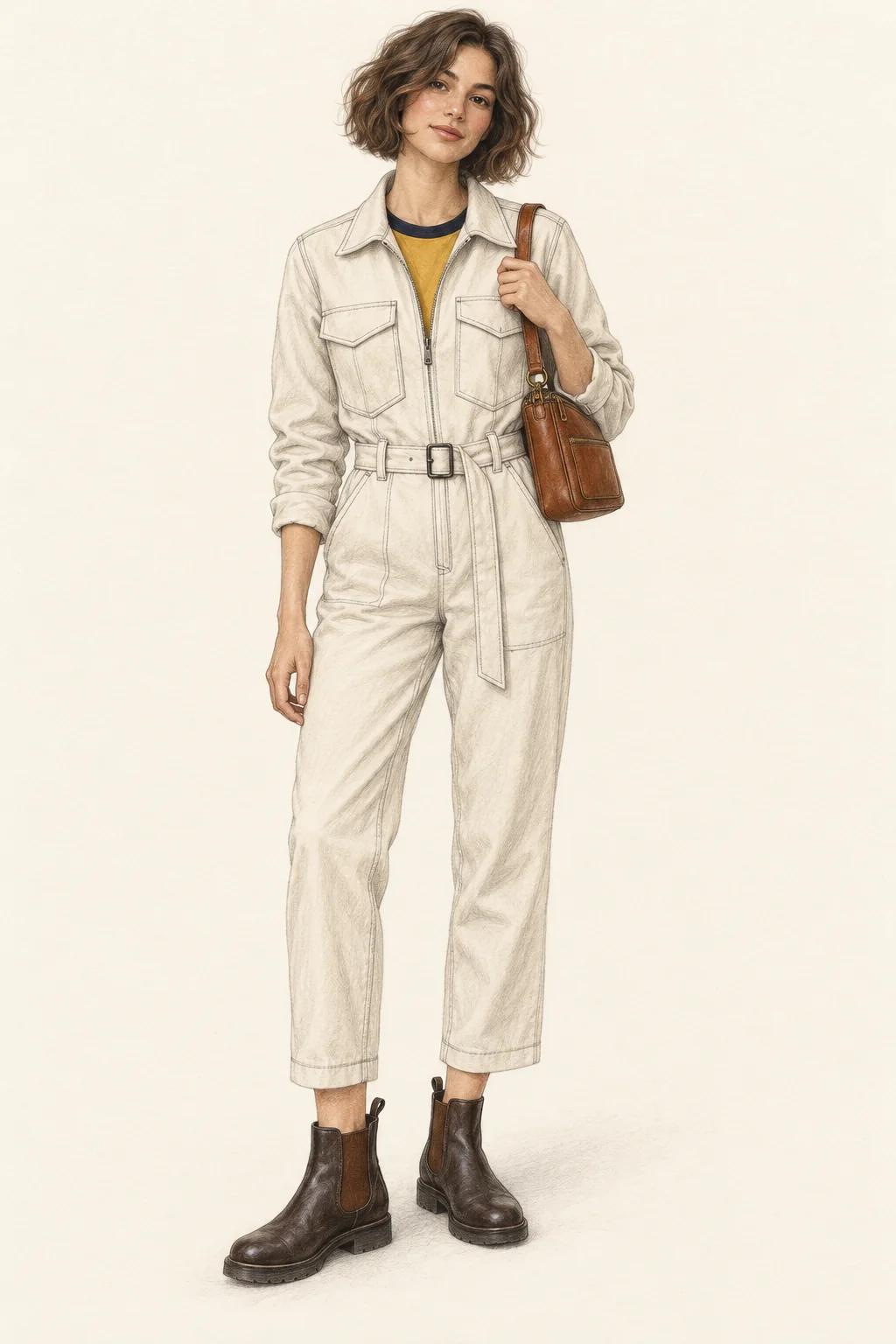 Full-length pencil illustration of a young woman in a cream belted boilersuit, mustard tee, dark Chelsea boots and a cognac bag.