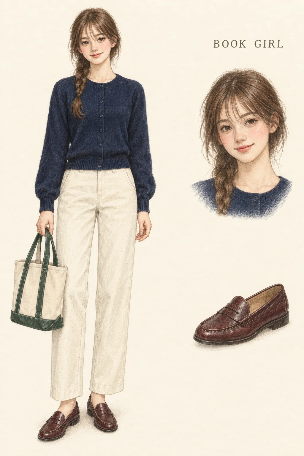 Full-length colored-pencil fashion sketch on warm ivory paper. Youthful softly shaped face, long brown braid, light wispy fringe, pink cheeks, fine brown lash definition and rosy lips. Closed navy crew cardigan sits above roomy bone straight trousers with cropped broad hems. Deep wine penny loafers and a natural/green open tote complete the four-piece outfit. Natural slim proportions and softly drawn ankles. Separate face and item studies appear at right.
