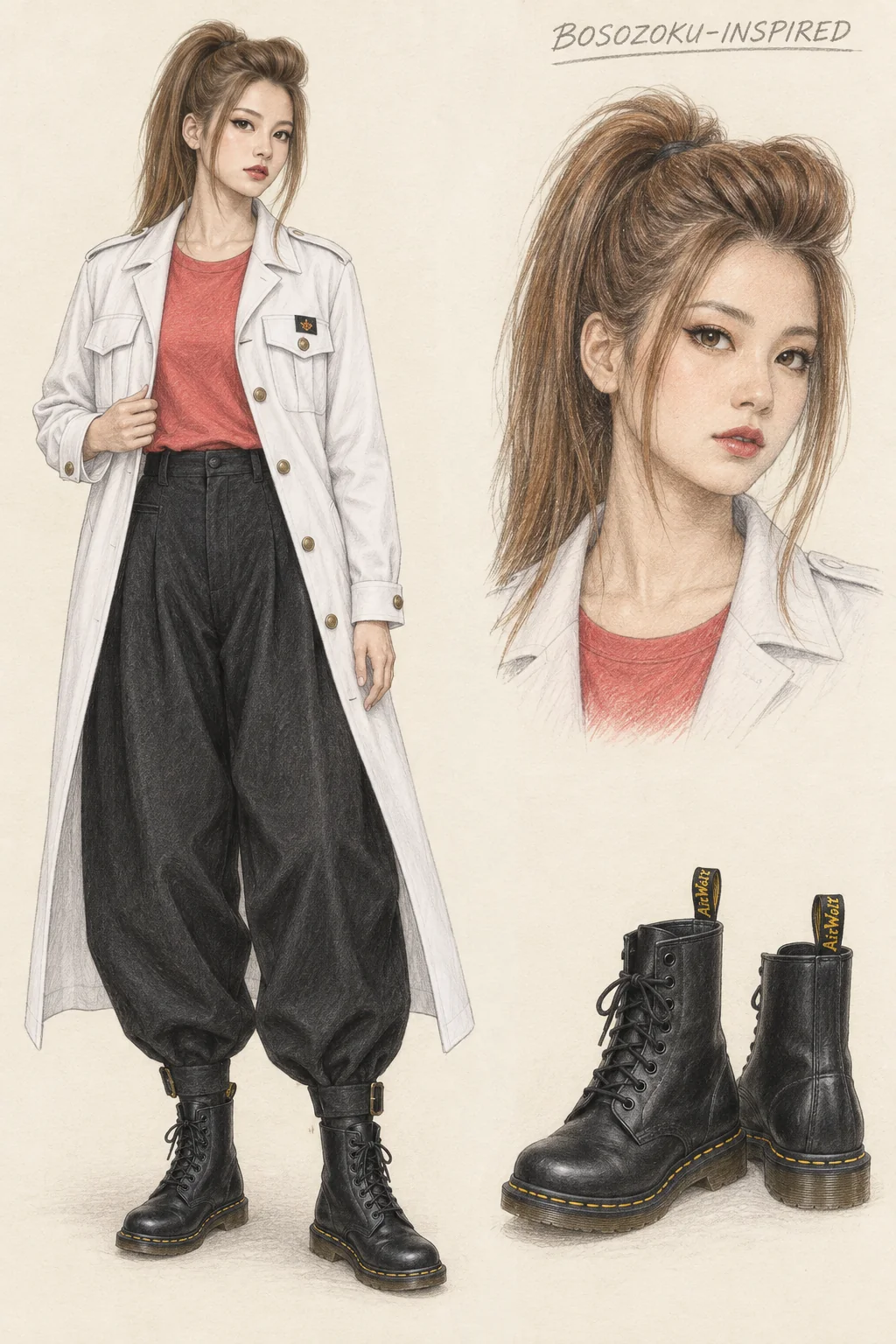 Colored-pencil fashion sketch for Bosozoku-Inspired: long white uniform coat and black knickerbockers, with a youthful fictional character, separate face study and footwear detail.