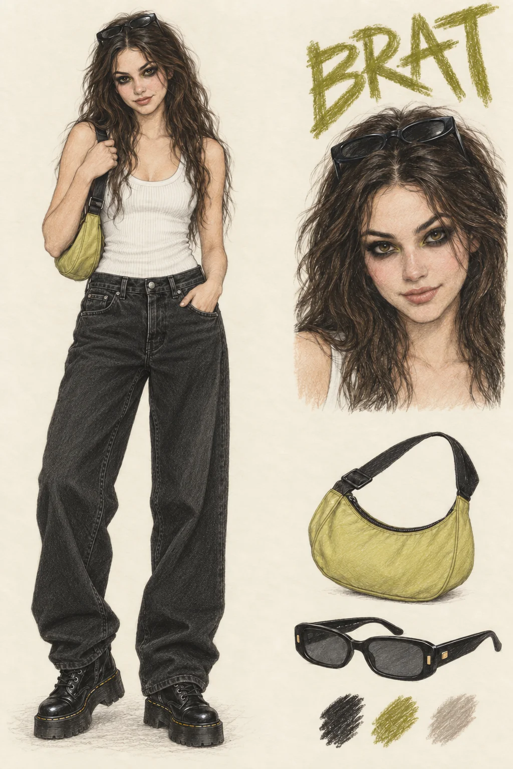 Colored-pencil Brat portrait of a youthful character with tousled dark waves, smoky eyes and black sunglasses on her head, wearing a white tank, loose black jeans and black platforms with a yellow-green crescent bag; matching face and accessory studies on ivory.
