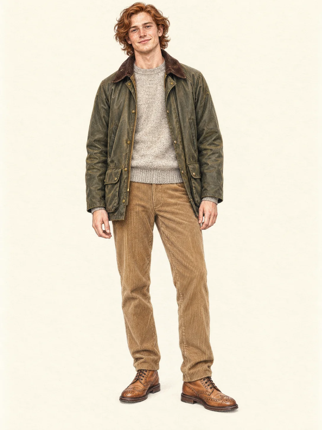 Full-length colored-pencil portrait of a young adult wearing an olive waxed jacket, oatmeal crewneck sweater, tan corduroy trousers and golden-tan brogue boots on ivory paper.