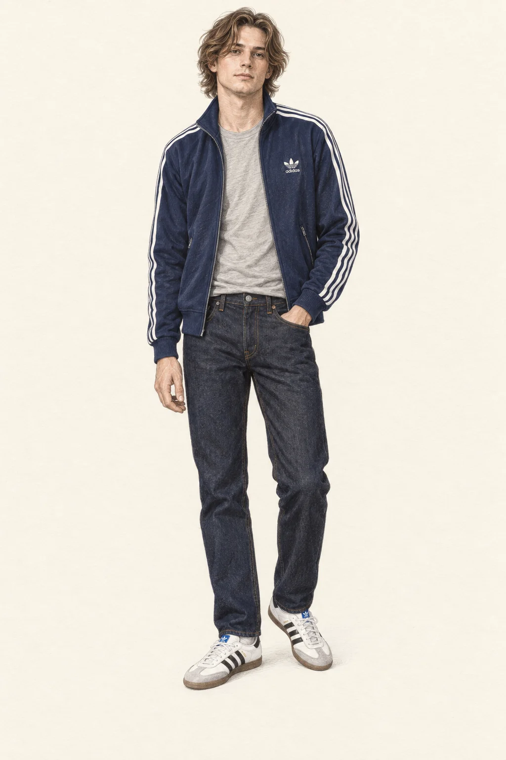 Full-length colored-pencil drawing of a young young man in a navy striped track jacket, grey tee, dark straight jeans and white retro trainers on ivory paper.