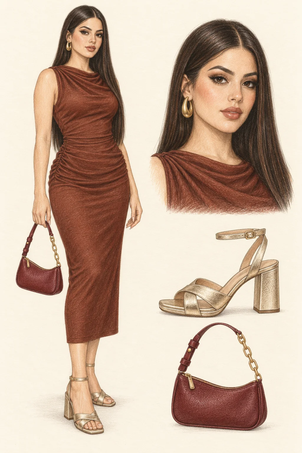 Colored-pencil sheet of a young woman with long straight dark hair, defined lashes and glossy lips wearing a fitted russet draped midi dress, gold sandals and hoops, holding a burgundy chain-handle bag, with matching portrait and item studies.