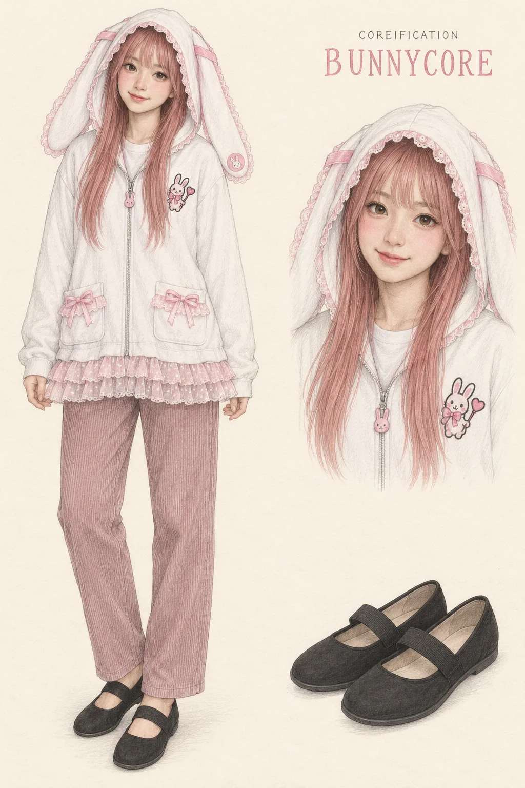 Detailed colored-pencil Bunnycore fashion sheet on warm ivory paper. Long rabbit ears, pale-pink lace and smoky-rose cords. A complete youthful fictional figure stands at left with matching face and item studies at right.