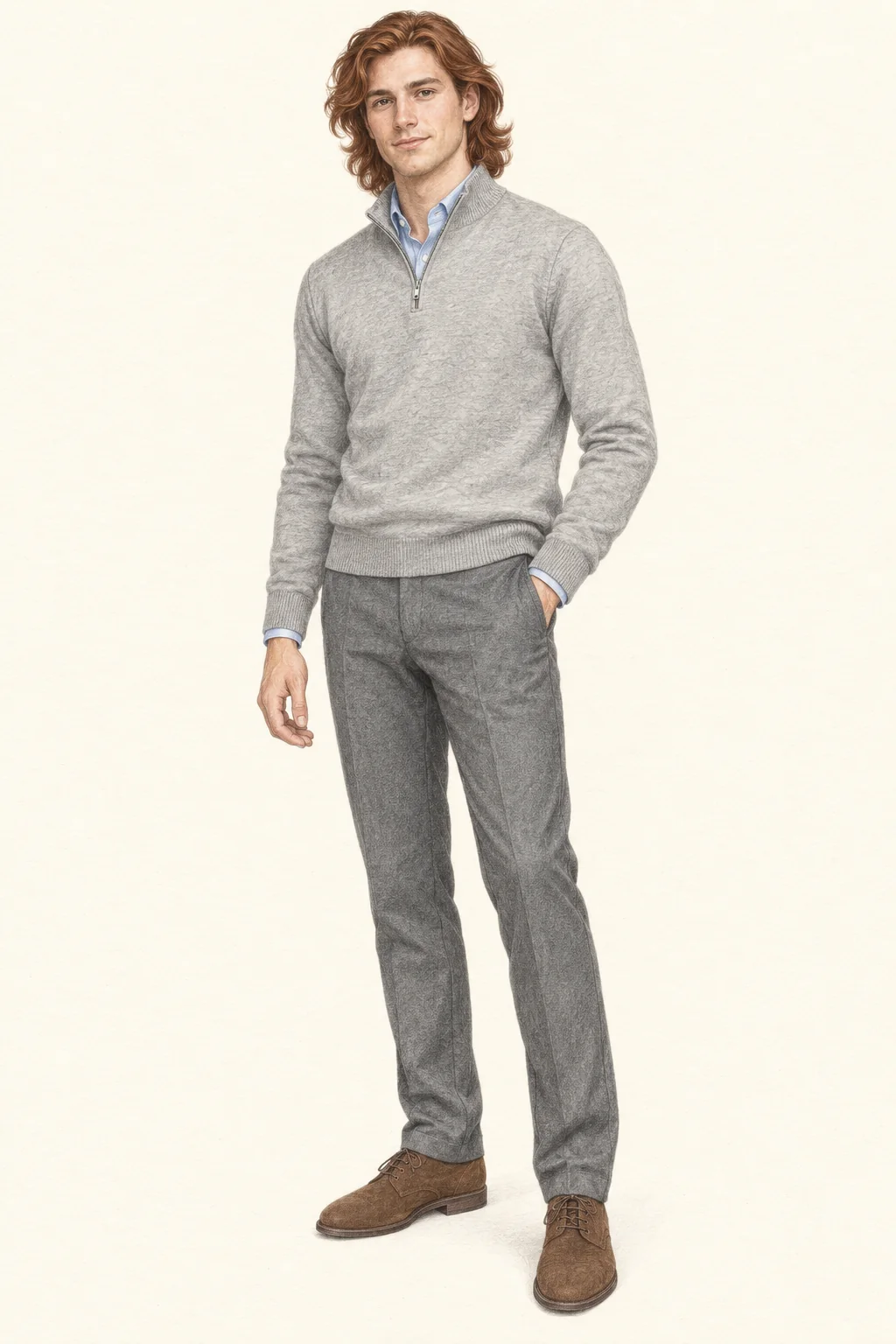 Full-length colored-pencil portrait of a young adult man in a light grey quarter-zip over a blue shirt, grey trousers and brown suede lace-up shoes on ivory paper.
