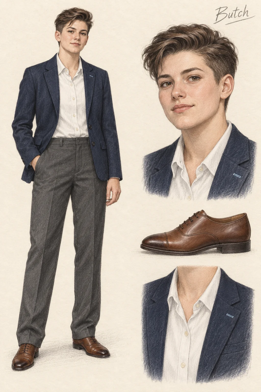 Youthful Butch fashion sketch: navy tailoring and charcoal work trousers.