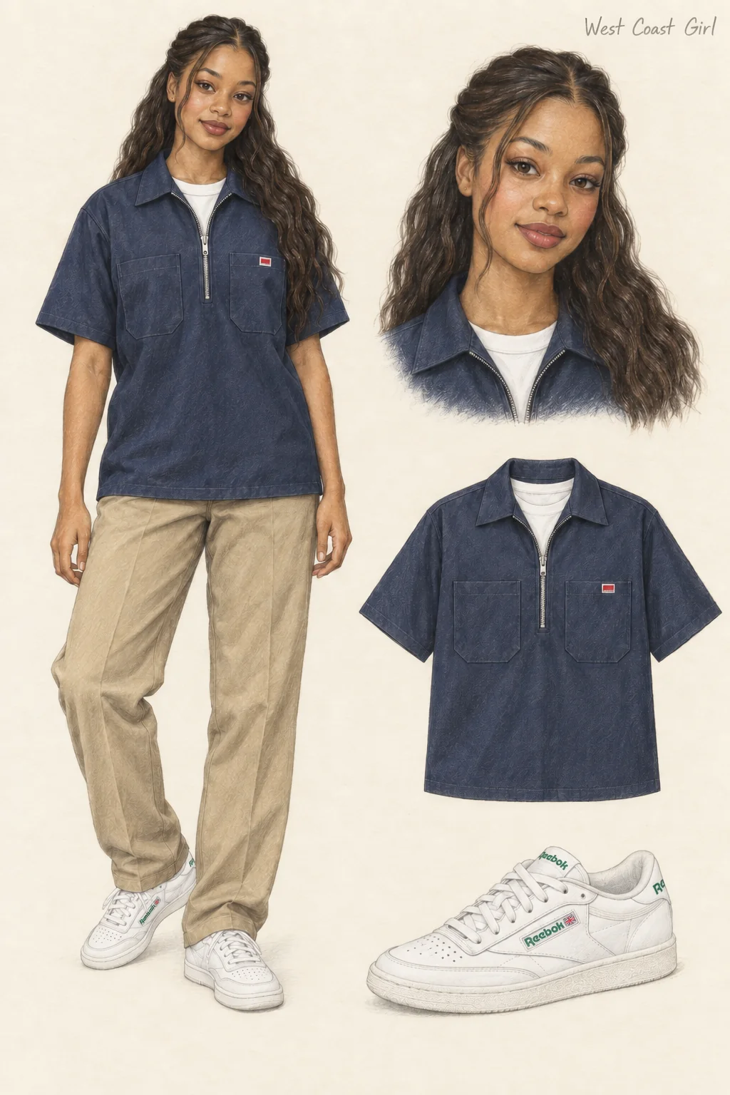 Colored-pencil fashion sheet on ivory: young woman with long dark waves wears a navy half-zip shirt over a white tee, khaki straight trousers and white/green low trainers, beside matching portrait and garment studies.