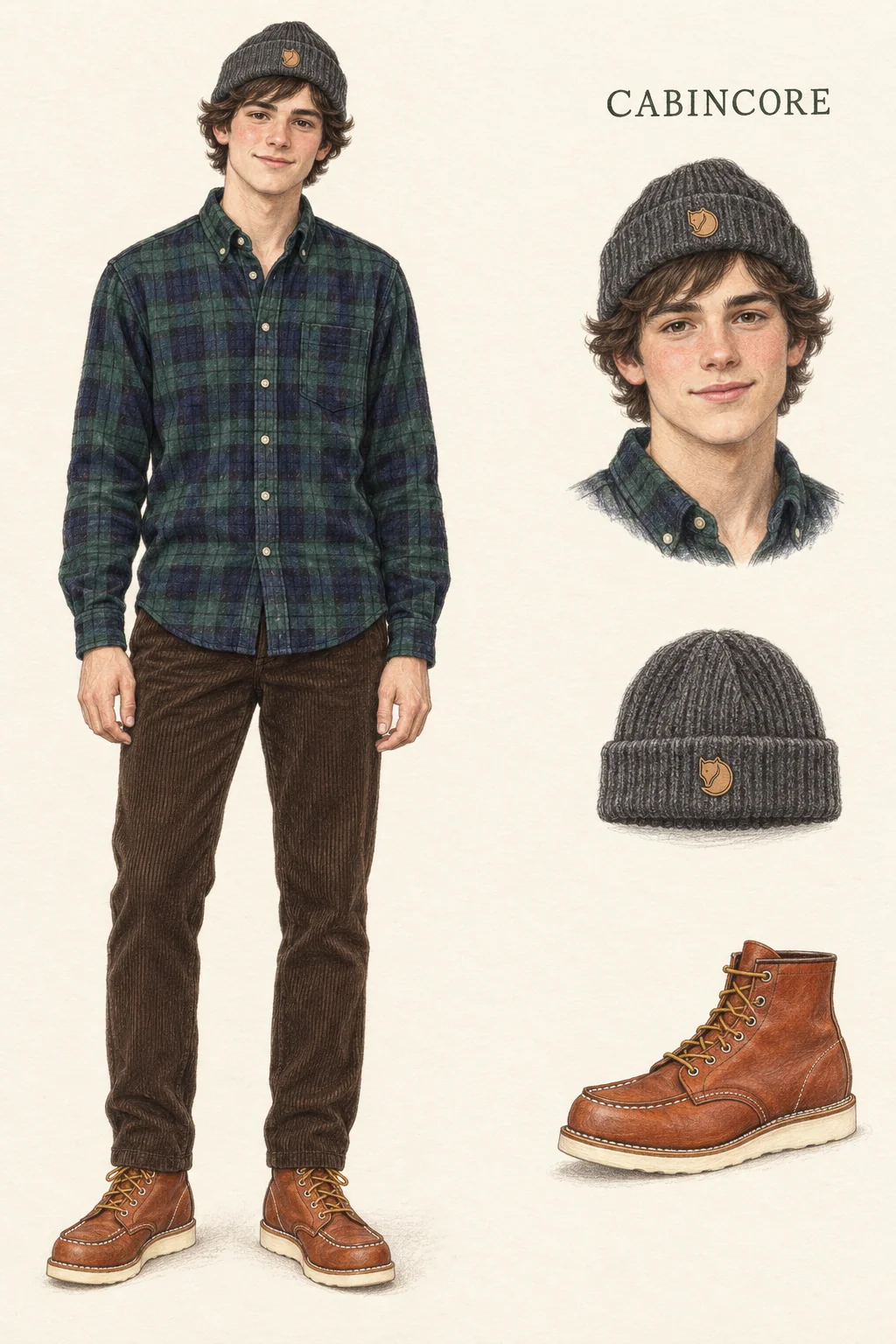 Full-length colored-pencil fashion sketch on warm ivory paper. Youthful clean-shaven man with medium soft brown waves visible beneath the folded charcoal cap, fresh features and softly pink cheeks. Navy/green Black Watch shirt has a button-down collar, one open wearer-left pocket and curved untucked hem. Dark chocolate corduroy has a straight slightly narrowing leg over orange-brown moc-toe boots with cream wedge soles. Ribbed cap carries a small tan fox-shaped patch. Separate face and item studies appear at right.