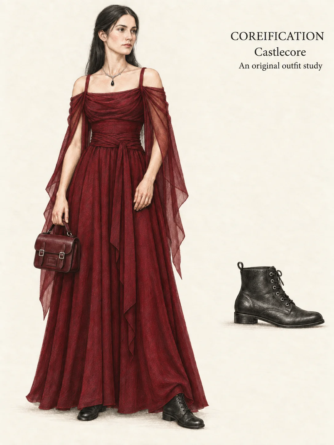 Detailed colored-pencil adult fashion portrait on ivory paper, with a wine draped maxi dress, black boots, oxblood mini satchel and small silver necklace with black glass drop.