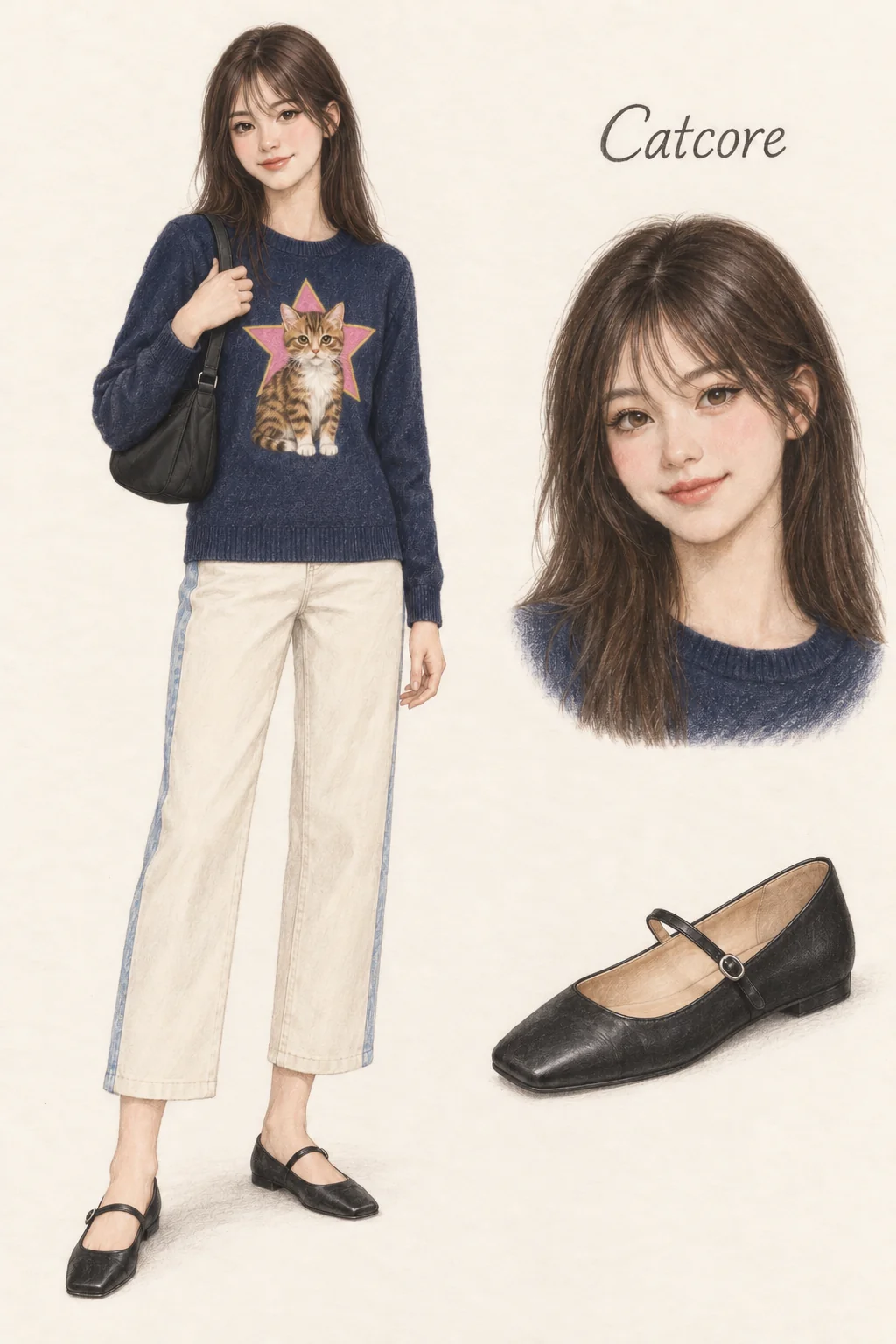 Colored-pencil fashion sketch of a youthful chestnut-haired woman wearing a navy kitten knit, cream-front blue-back cropped jeans, black Mary Jane flats and a small black shoulder bag; separate face and shoe studies.