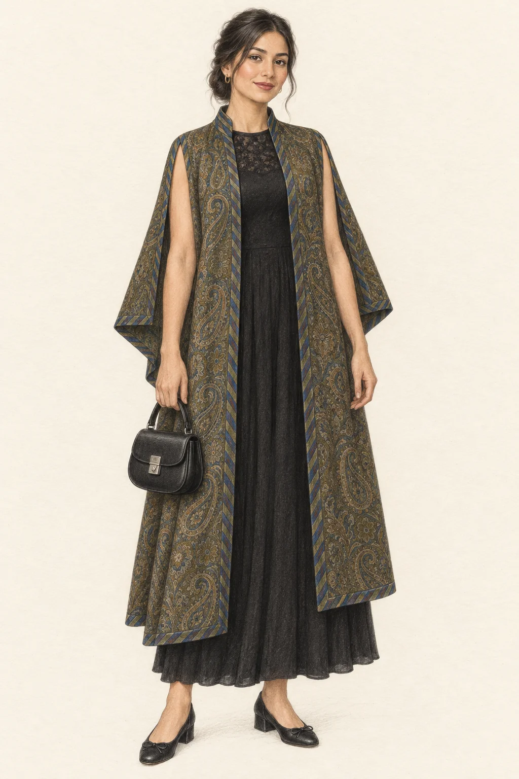 Fictional Uzbek woman in an olive patterned open cape over a long black dress, with low black pumps and a compact black bag.