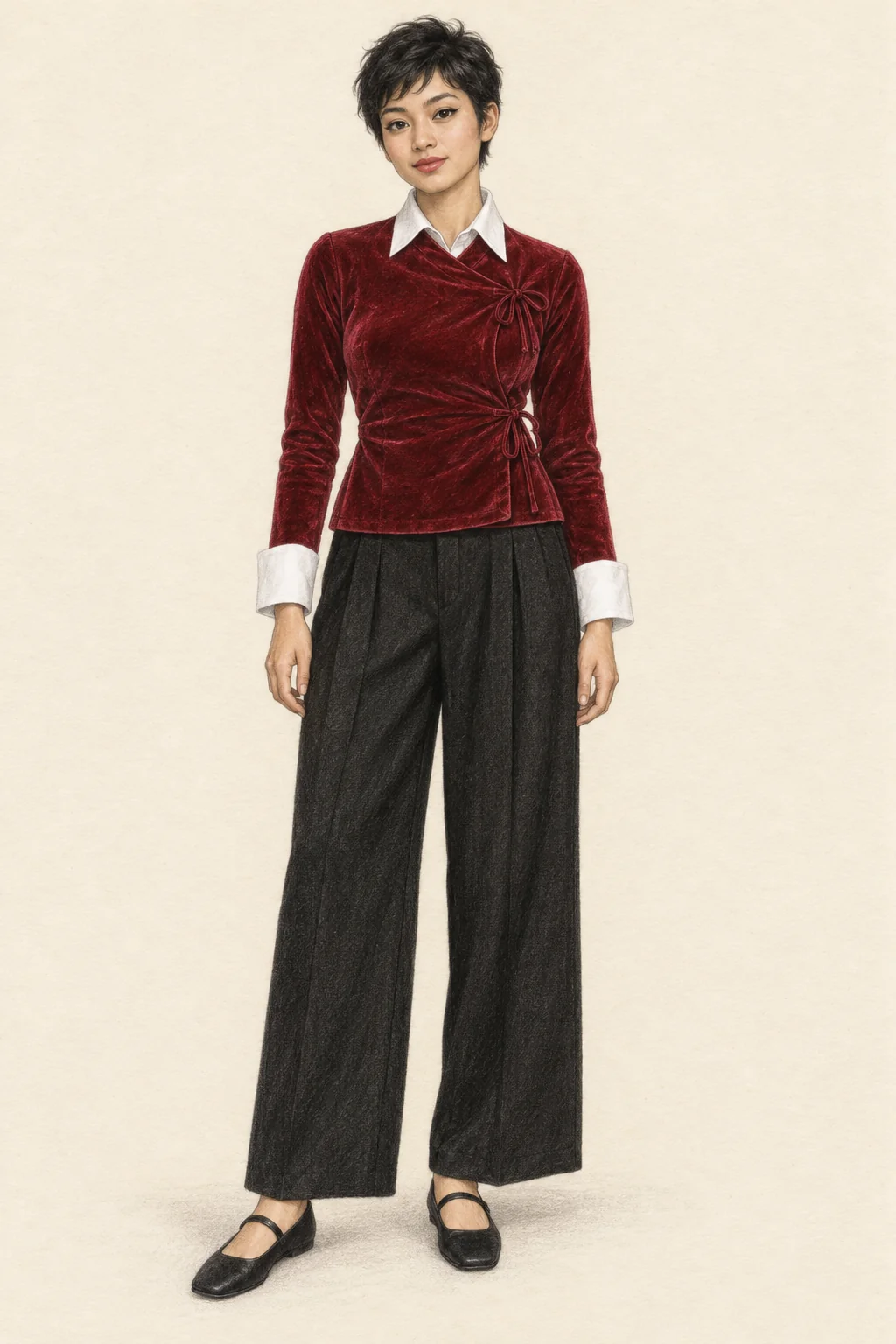 Fictional Nepali woman in crimson wrap blouse over white collared shirt, black trousers and flats.