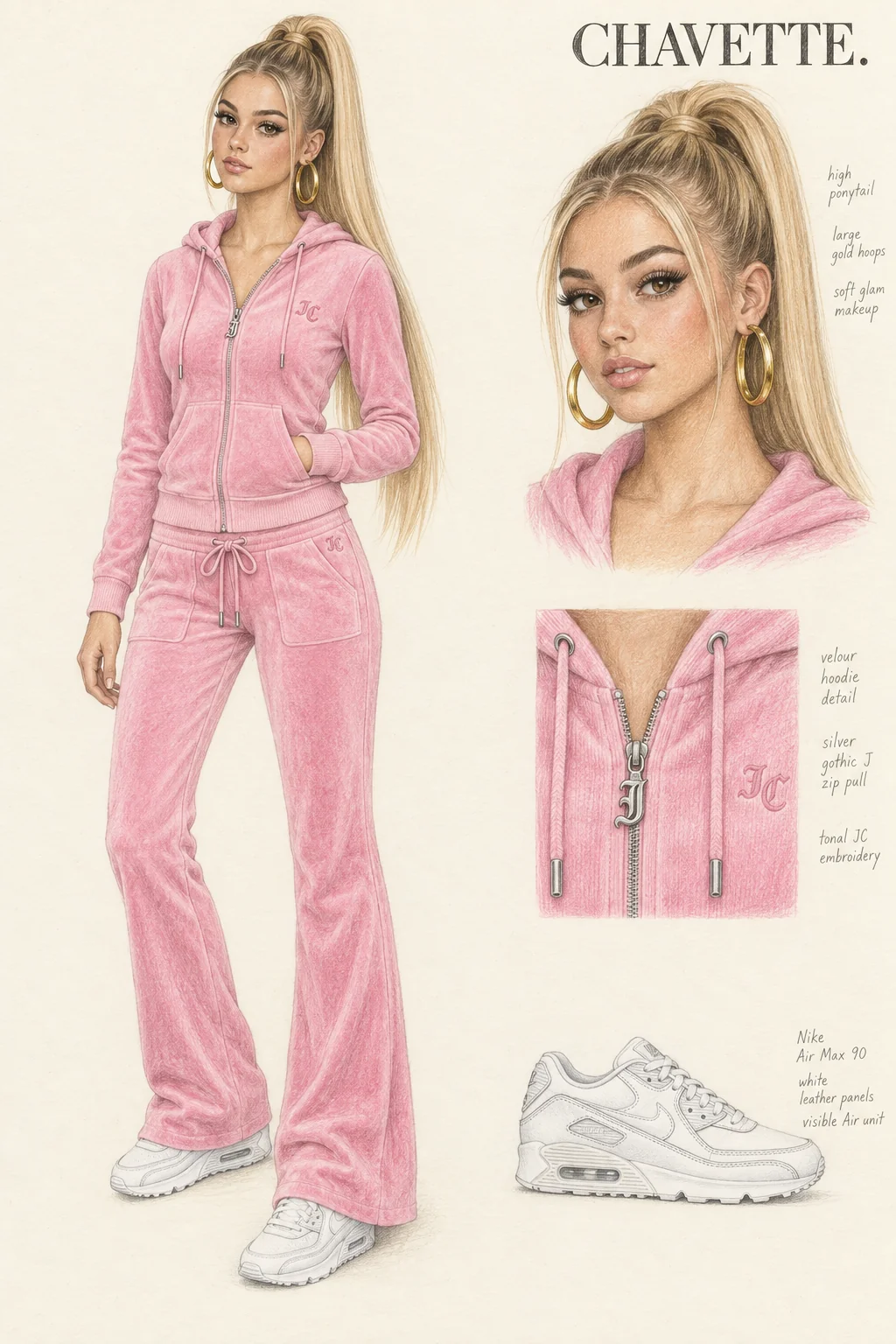 Detailed colored-pencil Chavette fashion sheet on opaque warm ivory paper: Pink velour flares, white trainers and a high blonde ponytail. Complete youthful fictional figure at left, matching portrait and item studies at right.