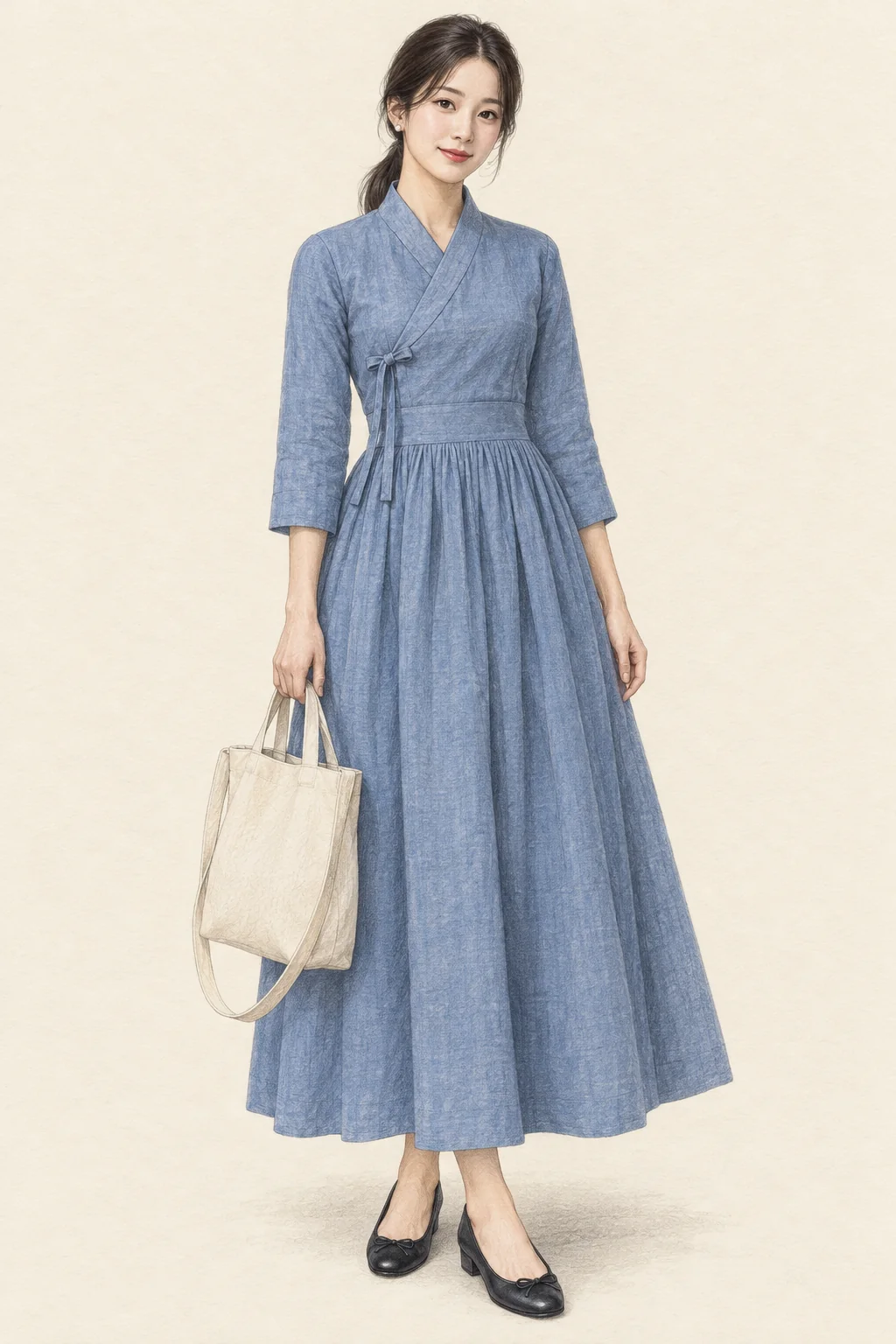 Full-length coloured-pencil portrait of a young adult woman in a blue wrapped cheollik dress with a joined pleated skirt, pearl studs, black low pumps and canvas tote.