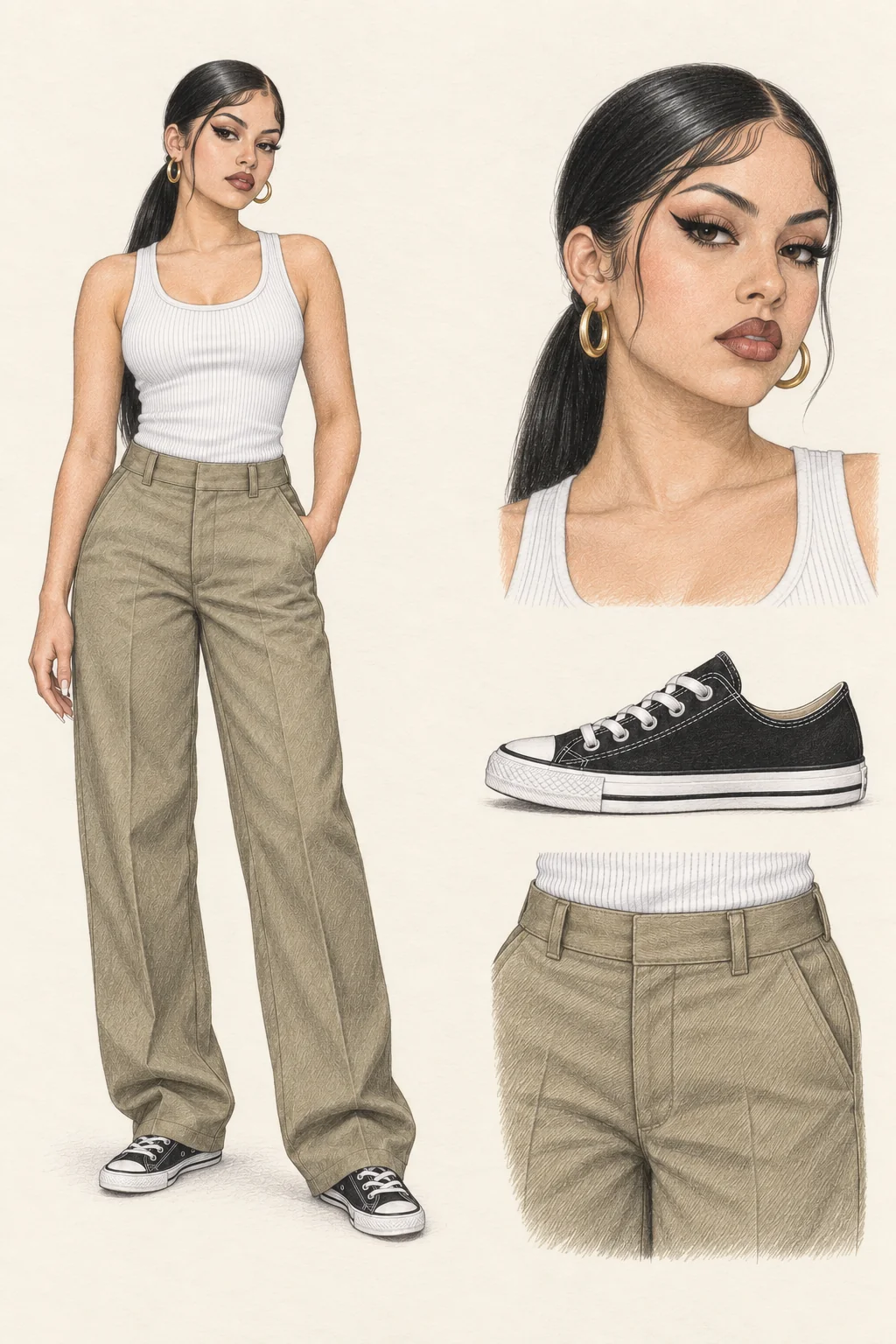 Colored-pencil sheet of a young woman with a long low ponytail, winged liner and dark lip outline in a white ribbed tank, roomy khaki trousers, black low canvas sneakers and gold hoops, with portrait and item studies.