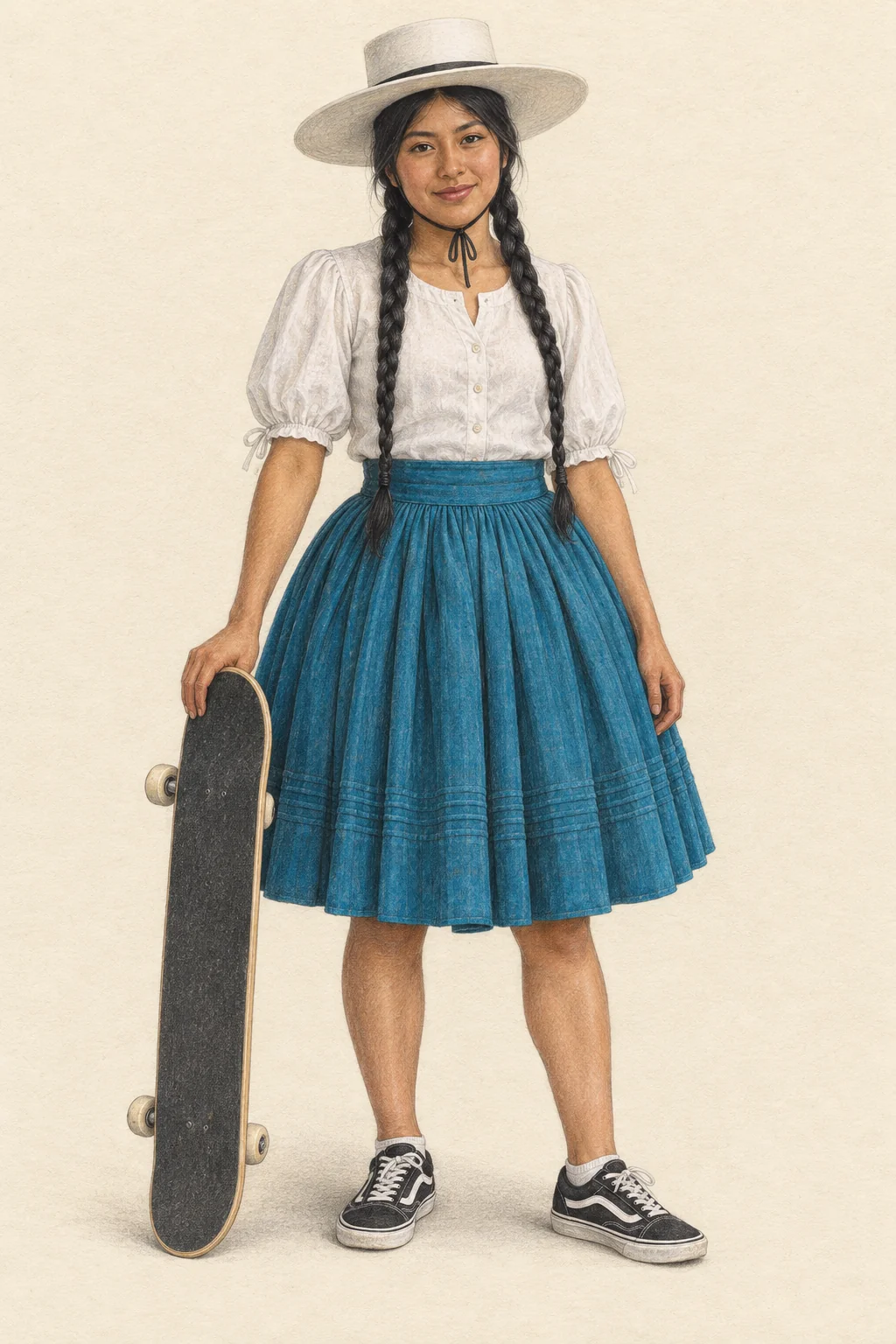 Coloured-pencil portrait of a young Bolivian woman with two braids wearing a blue pleated pollera, white blouse, tall white hat and black-and-white skate shoes, holding a skateboard.