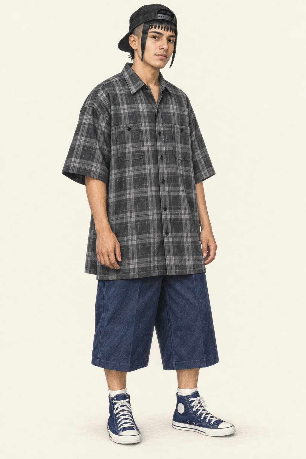Full-length coloured-pencil illustration of a youthful fictional Mexican man wearing a backwards black cap, long gelled side locks, an oversized grey plaid shirt, long navy shorts and navy canvas high-tops.