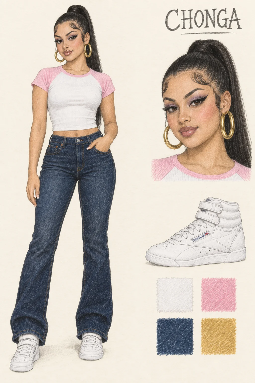 Colored-pencil Chonga portrait of a youthful fictional Latina with a high dark ponytail, defined liner and gold hoops, wearing a pink-and-white raglan tee, indigo bootcuts and white high-tops, with face and shoe studies on ivory paper.