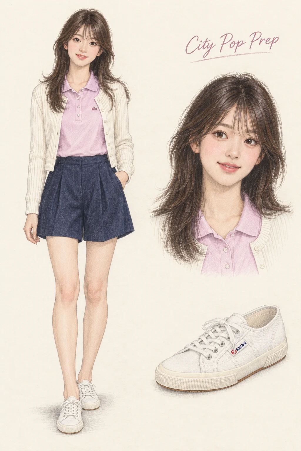 Colored-pencil fashion sketch of a youthful woman with feathered dark hair, lavender-pink polo, cream cardigan, navy pleated shorts and white canvas sneakers, with separate face and shoe studies.