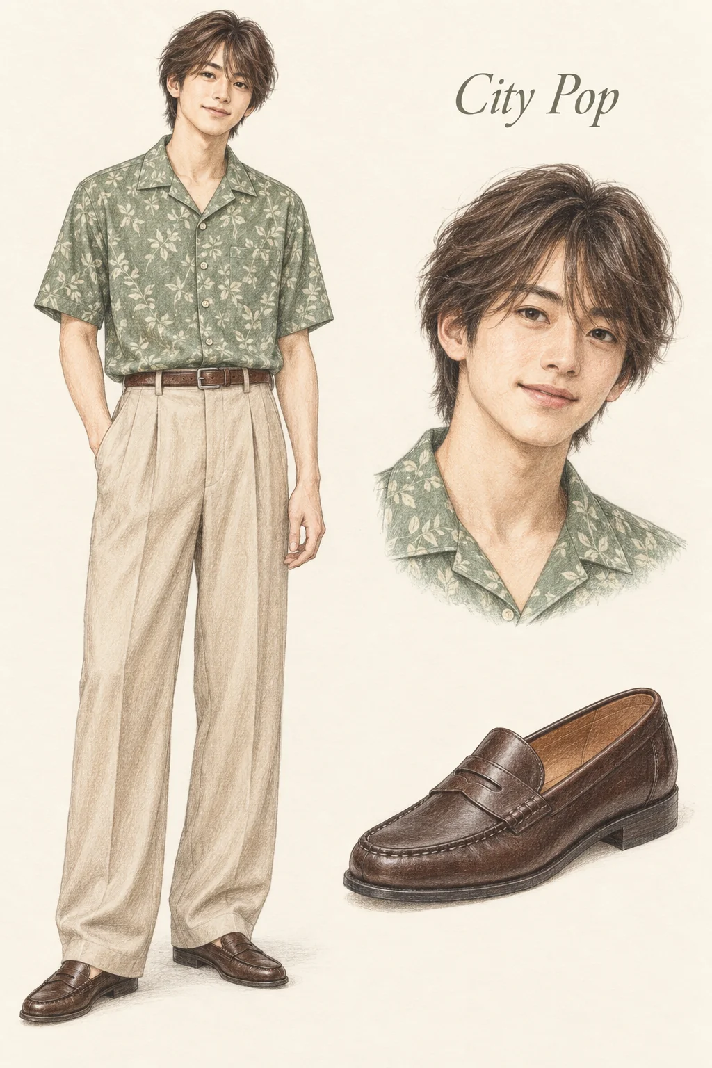 Colored-pencil fashion sketch of a youthful man with feathered dark hair in a sage botanical short-sleeve shirt, pale wide pleated trousers, brown belt and chocolate penny loafers, with face and loafer studies.