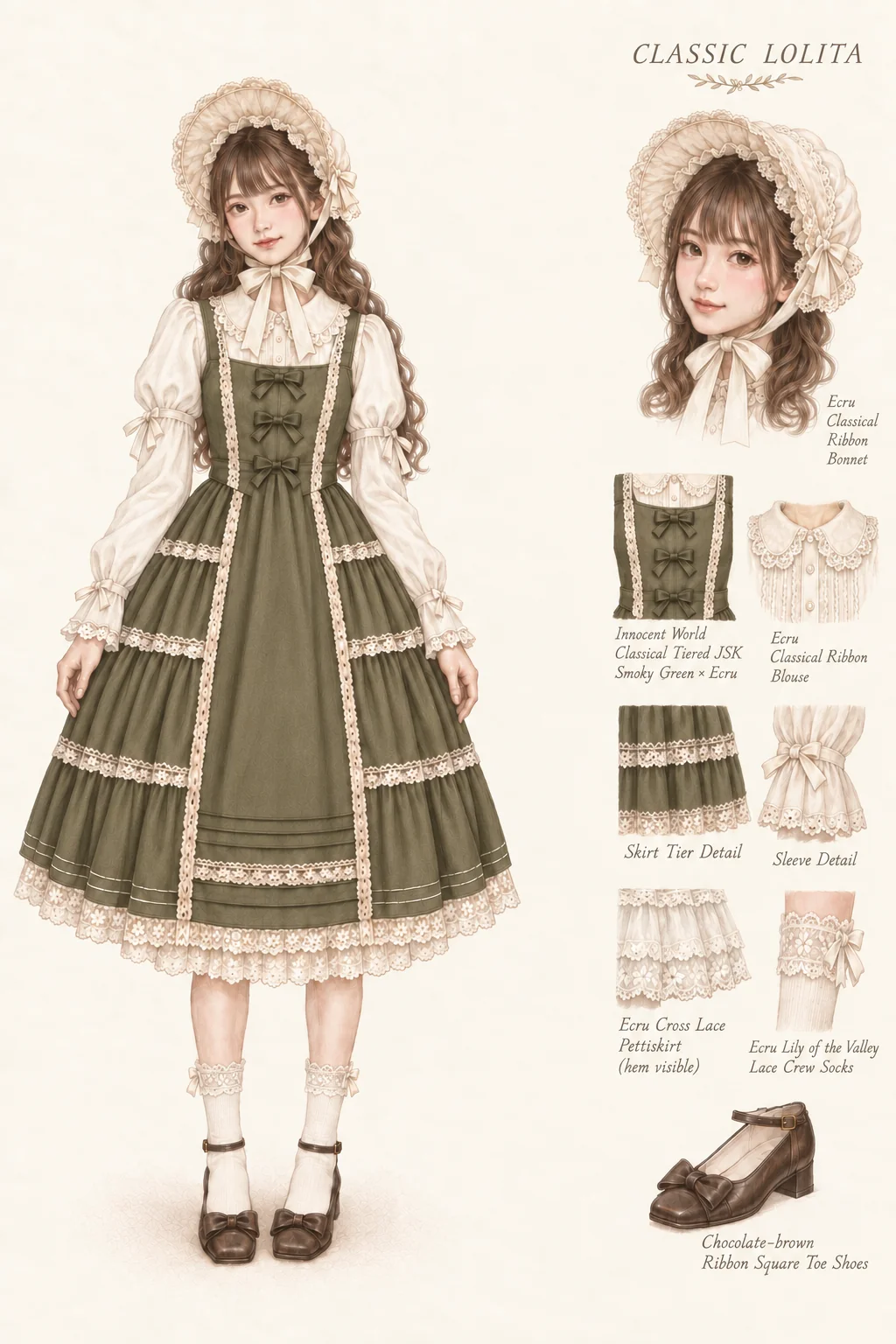 Full-length colored-pencil fashion sketch on warm ivory paper. Youthful fictional Japanese woman with chestnut curls, a soft fringe, cream bonnet, muted rose cheeks and fine brown liner. Coreification’s illustrated suggestion: smoky-green tiered jumper skirt + ecru lace blouse + longer ecru lace underskirt + cream bonnet and socks + chocolate bow shoes. Separate face and item studies appear to the right.