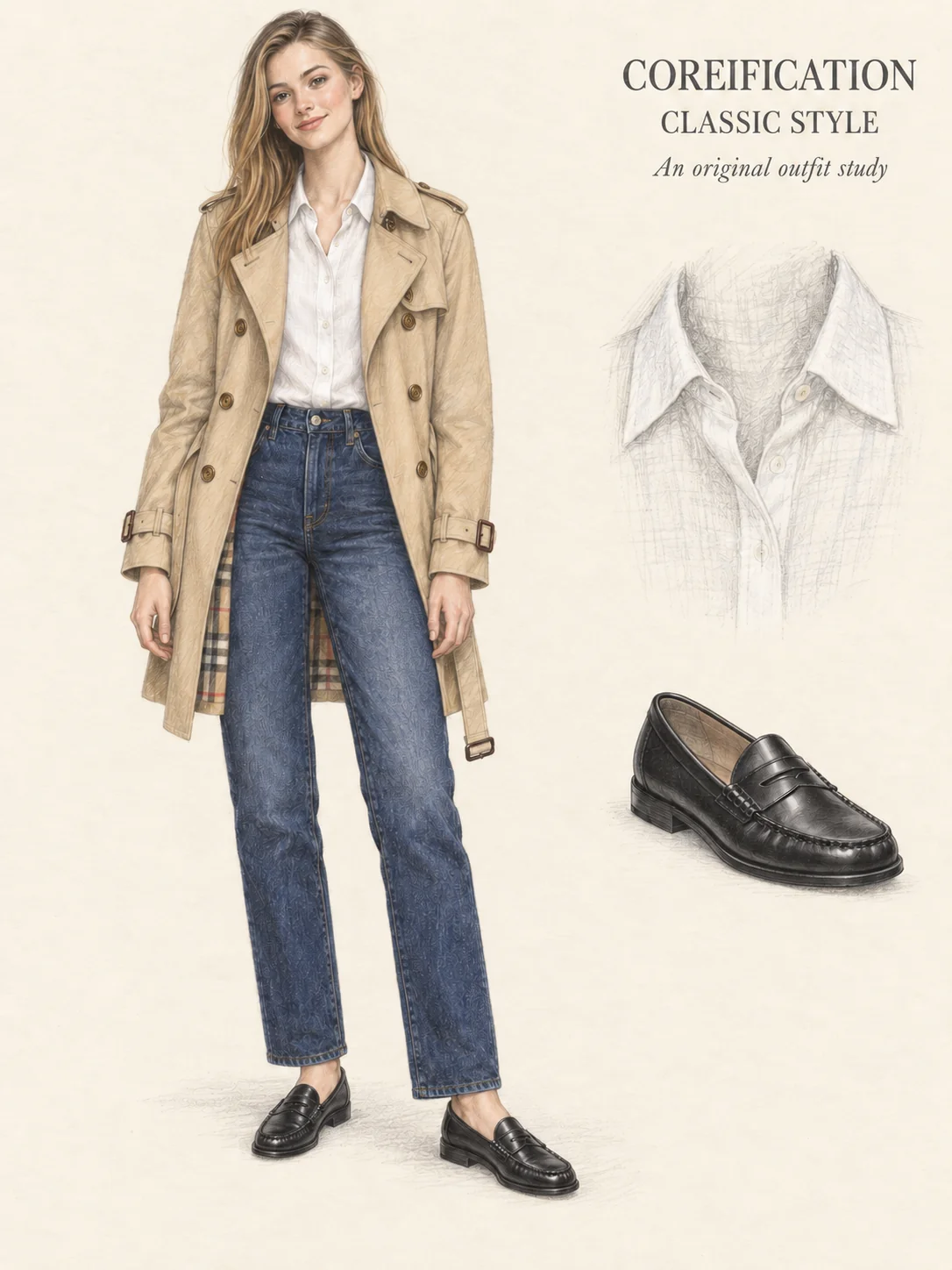 Detailed coloured-pencil fashion sketch of a young adult with long dark-blonde hair wearing an open honey trench, white shirt, straight dark jeans and black penny loafers, with collar and shoe details on ivory paper.