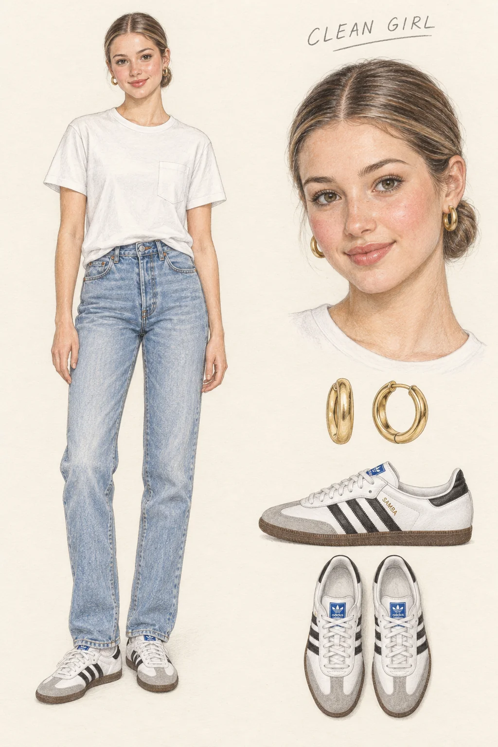 Full-length colored-pencil fashion sketch on warm ivory paper. Youthful fictional woman with a smooth center-part low bun, softly luminous skin, peach-rose blush and a glossy rosy lip. Coreification suggestion: white pocket tee + light straight jeans + white-and-black gum-sole trainers + small gold hoops. Separate face and item studies appear to the right.