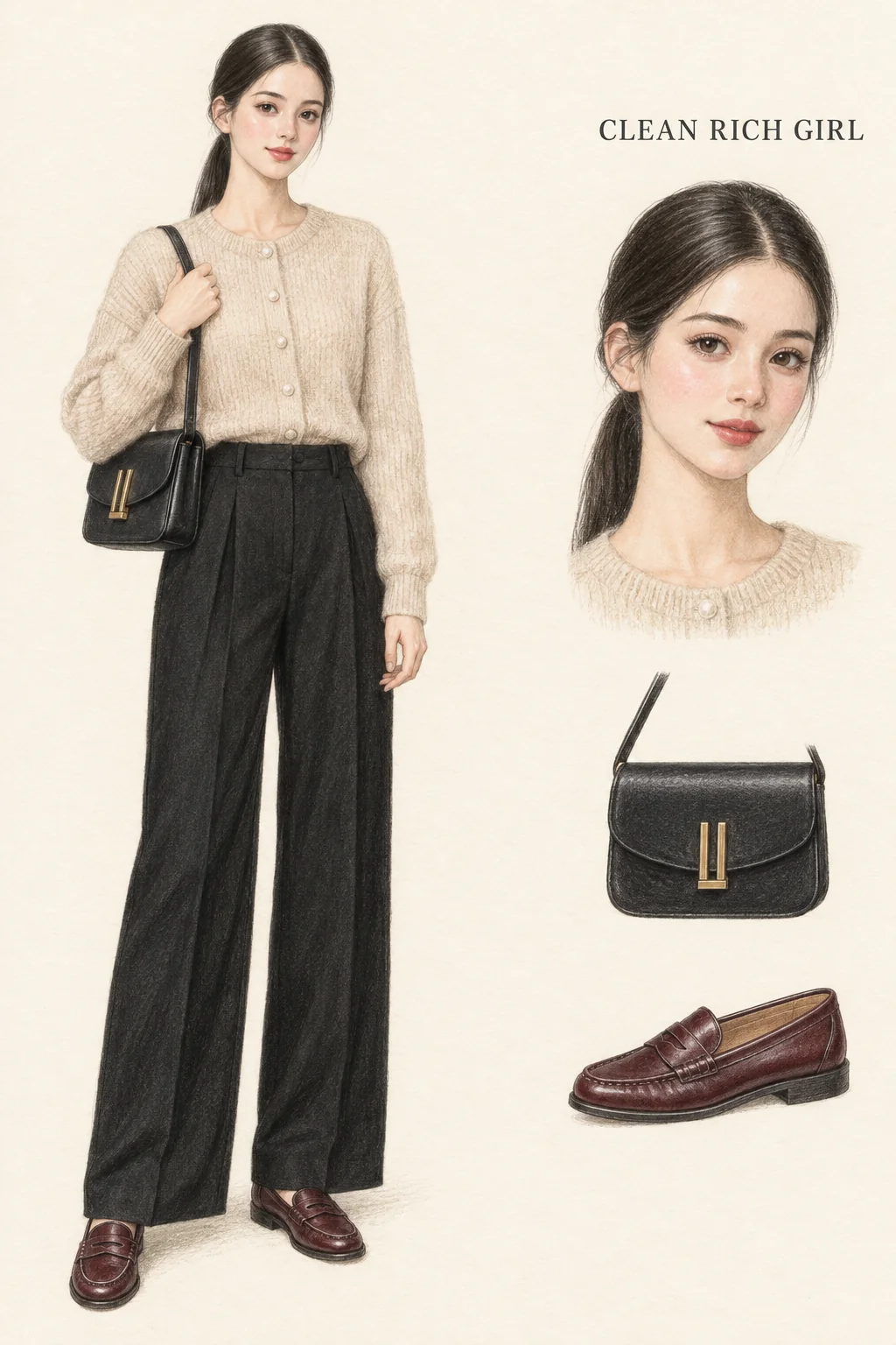 Full-length colored-pencil fashion sketch on warm ivory paper. Clearly youthful face with a smooth center part and long low black ponytail, luminous cheek highlights, peach-rose blush, defined lashes and a glossy muted-rose lip. Closed light-beige round-neck cardigan meets high-waisted black front-pleated wide trousers. Wine penny loafers are visible under the hems. Compact black shoulder bag has a curved flap and two straight gold bars with a short base lock. Healthy slim proportions with soft hands and face. Separate face and item studies appear at right.