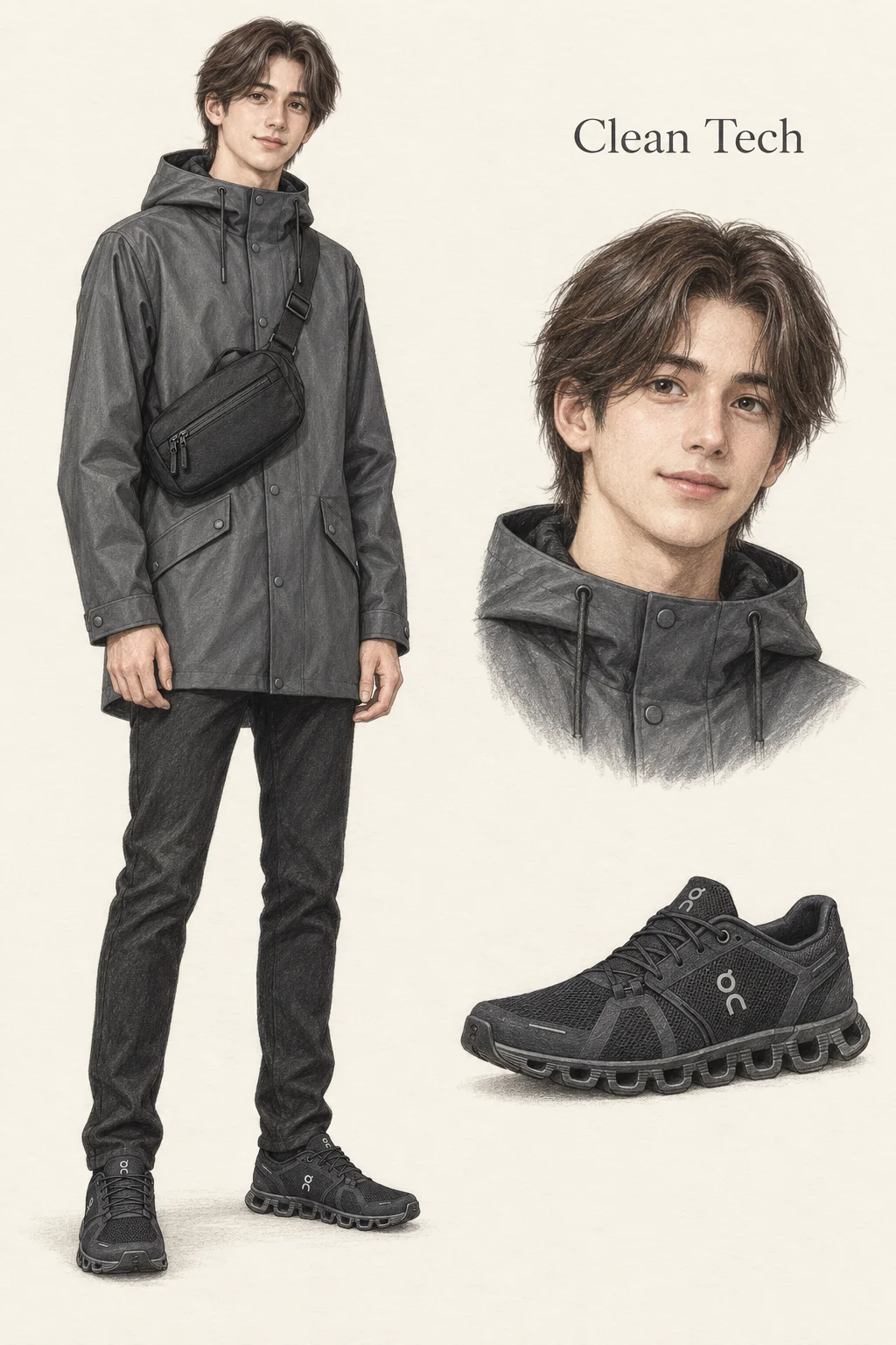 Colored-pencil fashion sketch of a youthful man with dark curtain hair in a graphite hooded snap jacket, black trousers, compact black sling and hollow-sole black trainers; separate face and shoe studies.