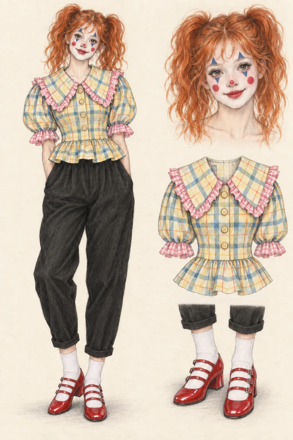 Youthful Clowncore pencil sketch with copper-orange pigtails, graphic clown makeup, a large ruffled pastel-check blouse, black tapered trousers, white socks and red three-strap shoes.