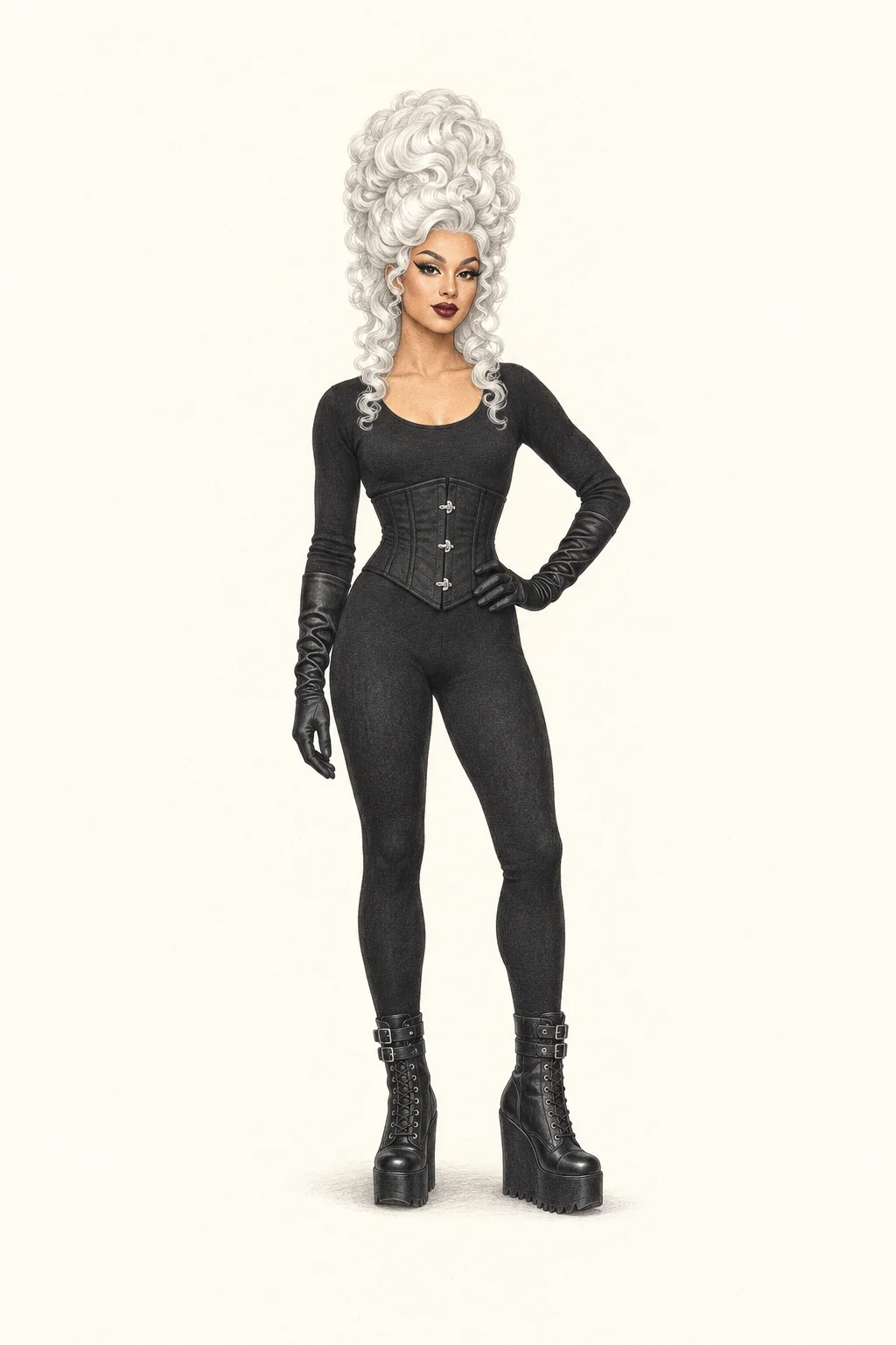 Full-length pencil illustration of a young adult in a tall white curled wig, black unitard, short corset, satin gloves and platform boots.