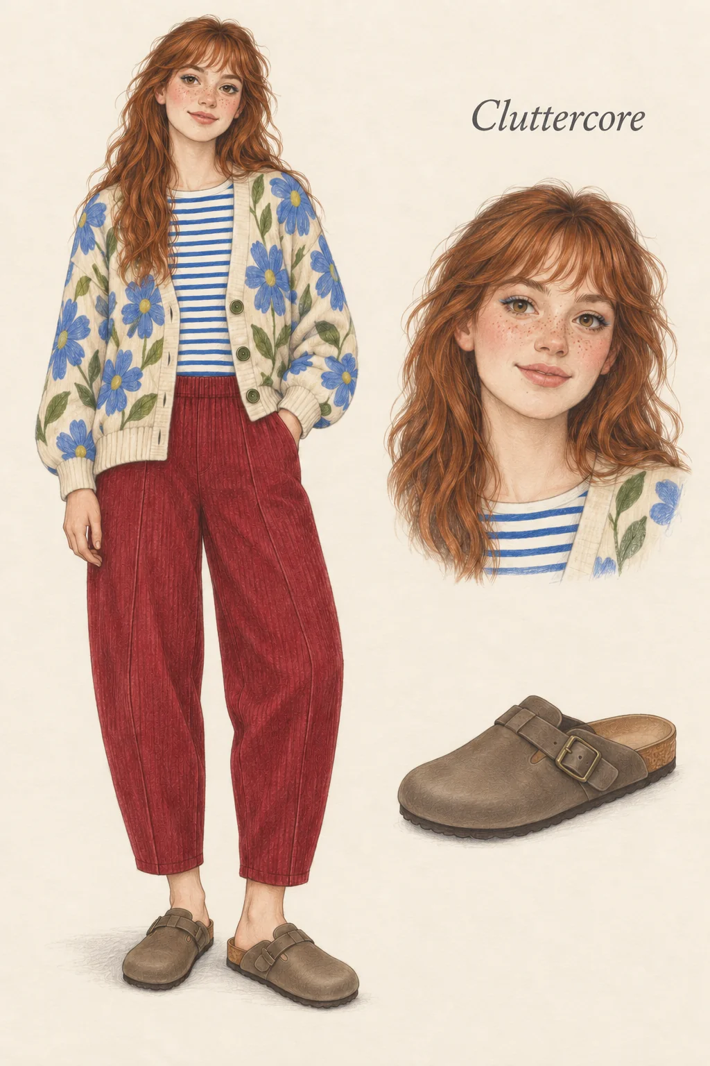 Colored-pencil fashion sketch of a youthful freckled woman with copper waves in a large blue floral cardigan, cobalt striped top, berry barrel cords and tobacco clogs, with face and clog studies.