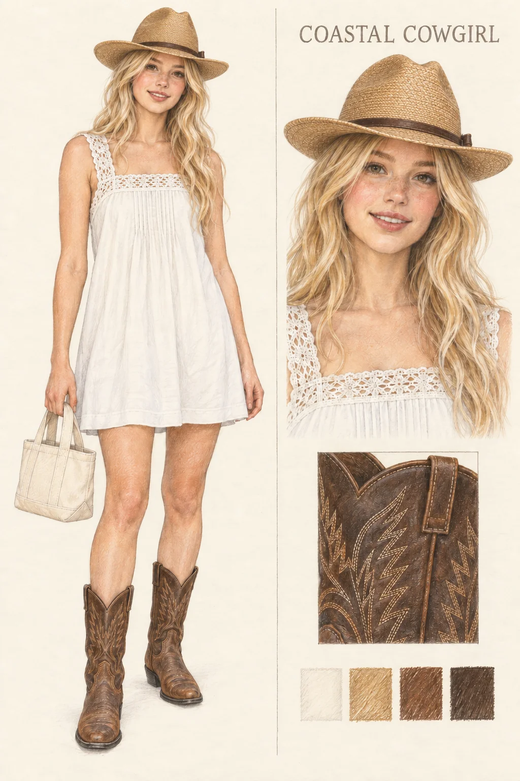 Colored-pencil Coastal Cowgirl portrait of a youthful blonde with soft waves in a white lace-trimmed shift, compact straw hat and stitched brown Western boots, holding a small cream tote; face and boot studies on ivory.