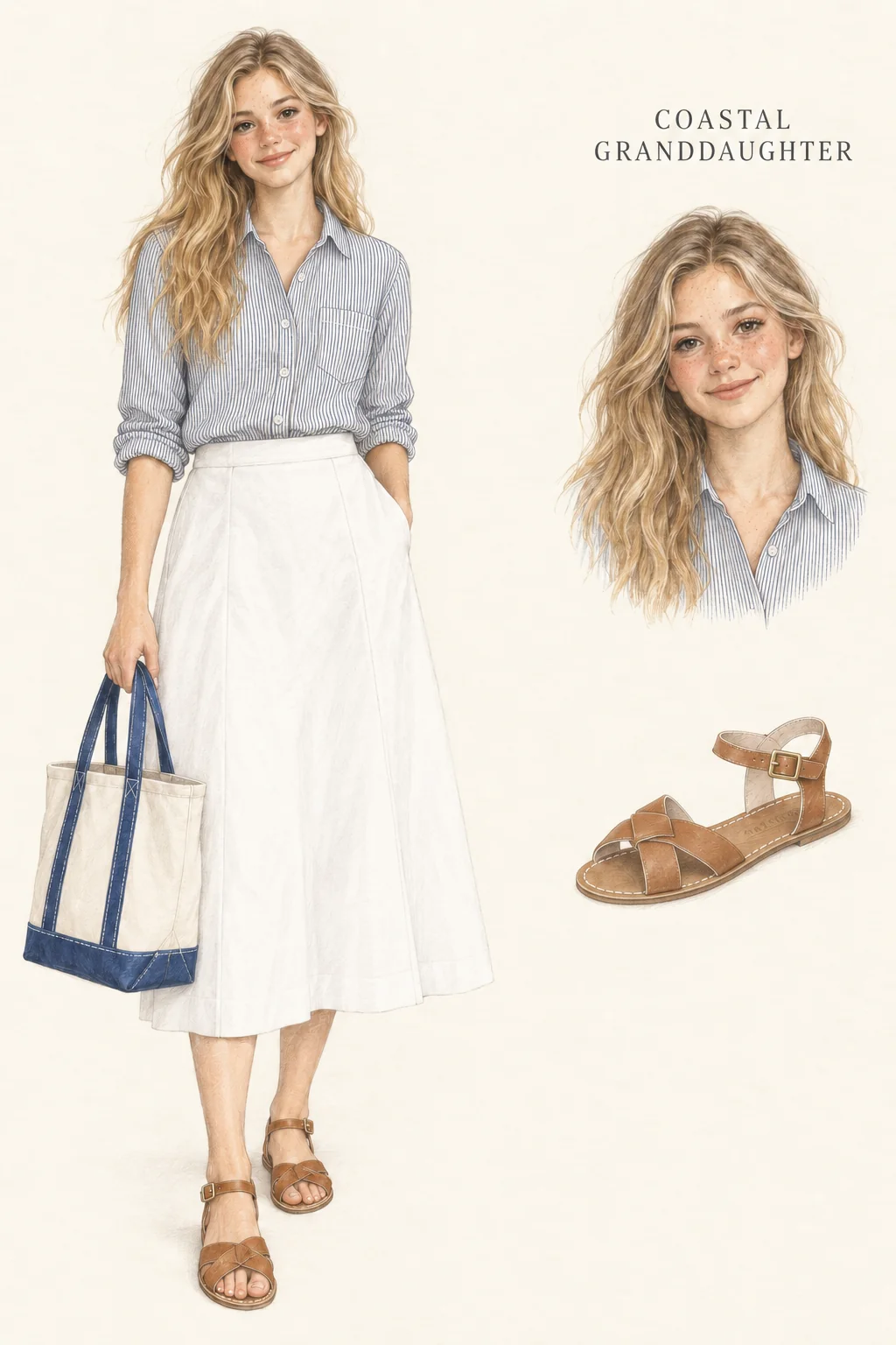 Full-length colored-pencil fashion sketch on warm ivory paper. Youthful freckled face with long loose sandy-blonde waves, soft peach-rose cheeks, light lashes and a muted rosy lip. Hair and beauty agree between the figure and portrait. Fine blue-striped cotton shirt is buttoned, tucked and rolled at the sleeves above a plain white paneled A-line midi. Natural/blue open tote and tan flat broad-strapped sandals complete the outfit. Both feet are visible, with slender softly modeled lower legs; one hand rests in the skirt pocket. Separate face and item studies appear at right.