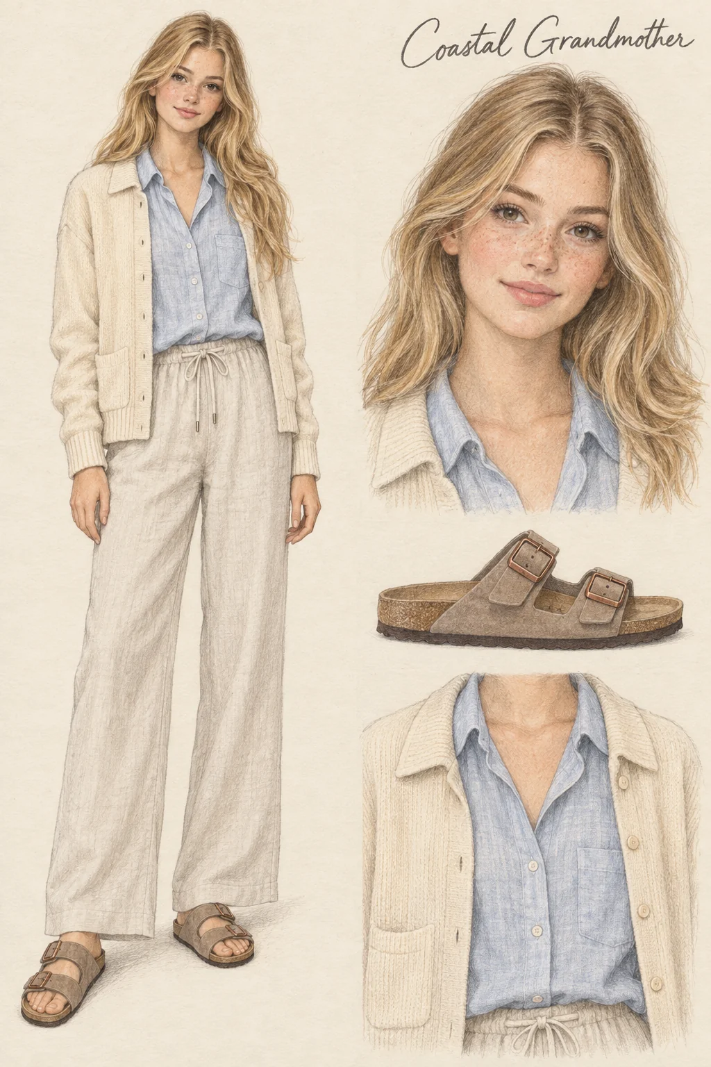 Youthful Coastal Grandmother fashion sketch: blue linen and cream knit layers.
