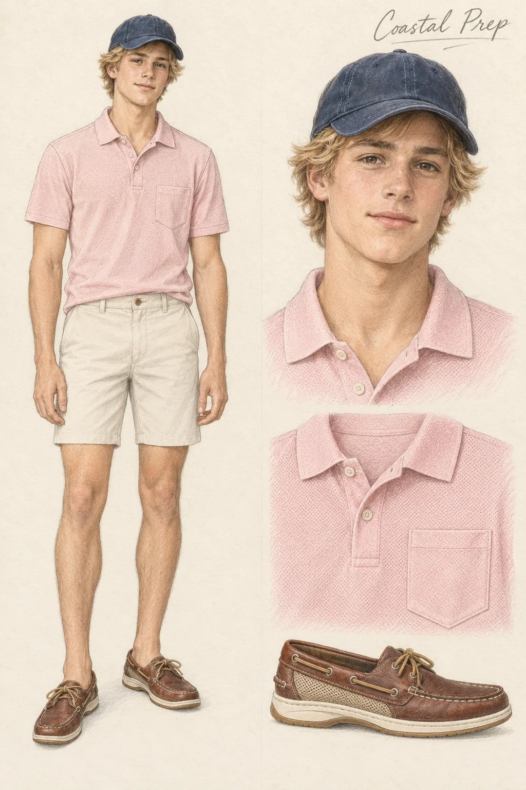 Youthful Coastal Prep fashion sketch: pink polo, ivory shorts and boat shoes.