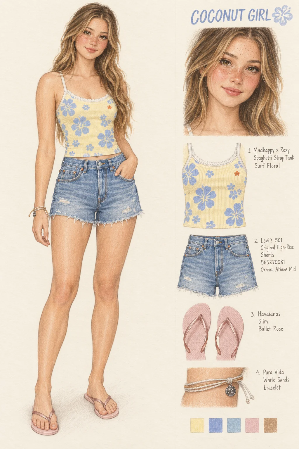 Colored-pencil Coconut Girl portrait of a youthful freckled character with long honey-brown waves, wearing a yellow-and-periwinkle floral tank, faded blue cutoffs, pink flip-flops and a cord bracelet, with matching face and item studies on ivory.