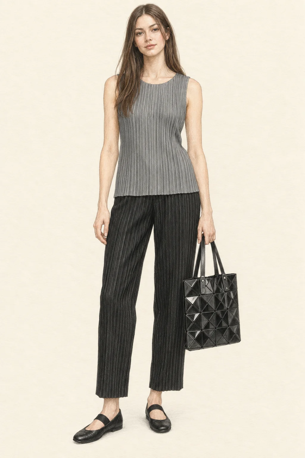 Detailed graphite and colored-pencil fashion sketch of a young adult with long straight chestnut hair wearing a gray pleated tank, black pleated trousers, black triangular-panel tote and black elastic-band flats on warm ivory paper.