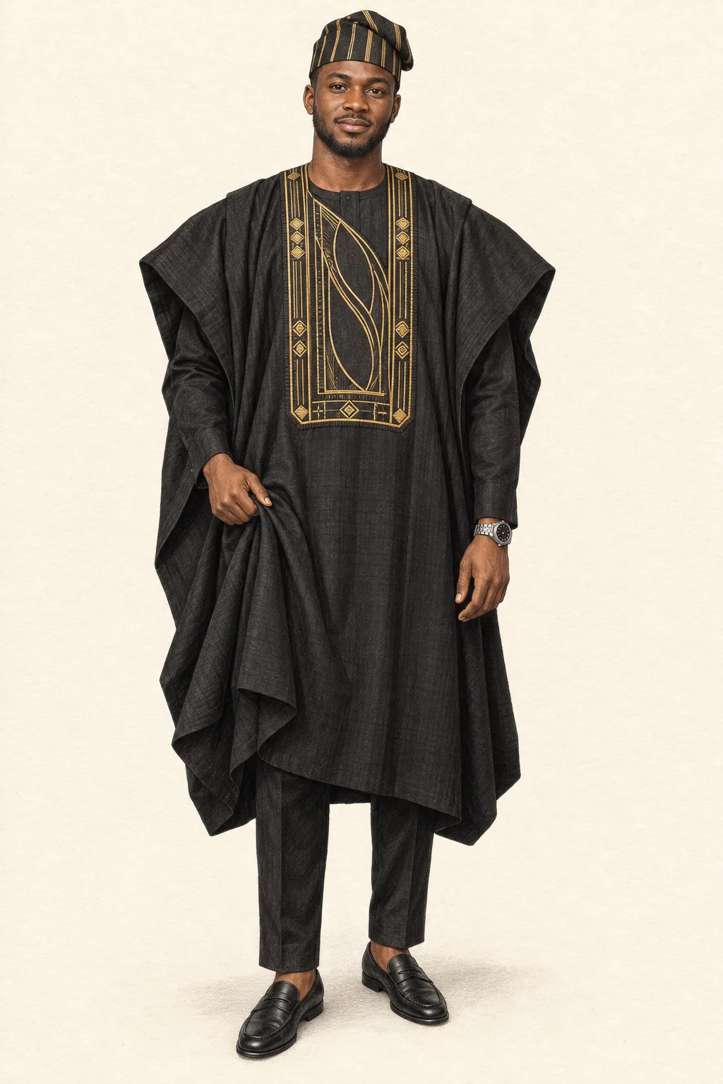 Detailed pencil portrait of a young Nigerian man in a black embroidered agbada, striped folded fila, slim trousers, black loafers and silver watch.