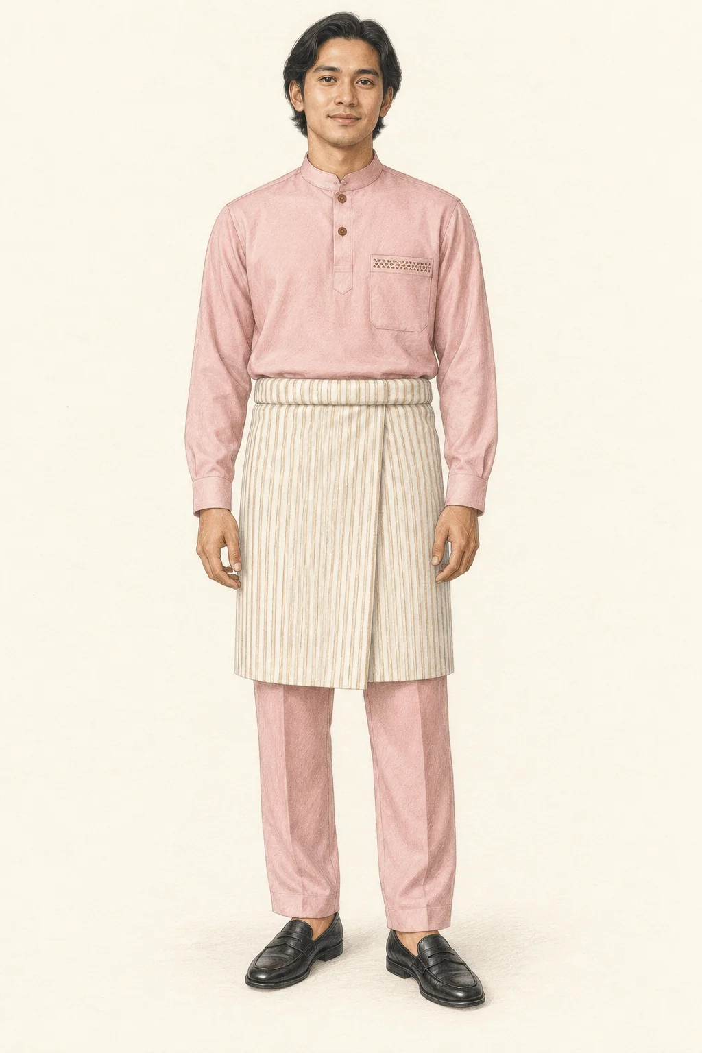 Fictional young man in blush Baju Melayu and trousers with a cream striped samping and black loafers.