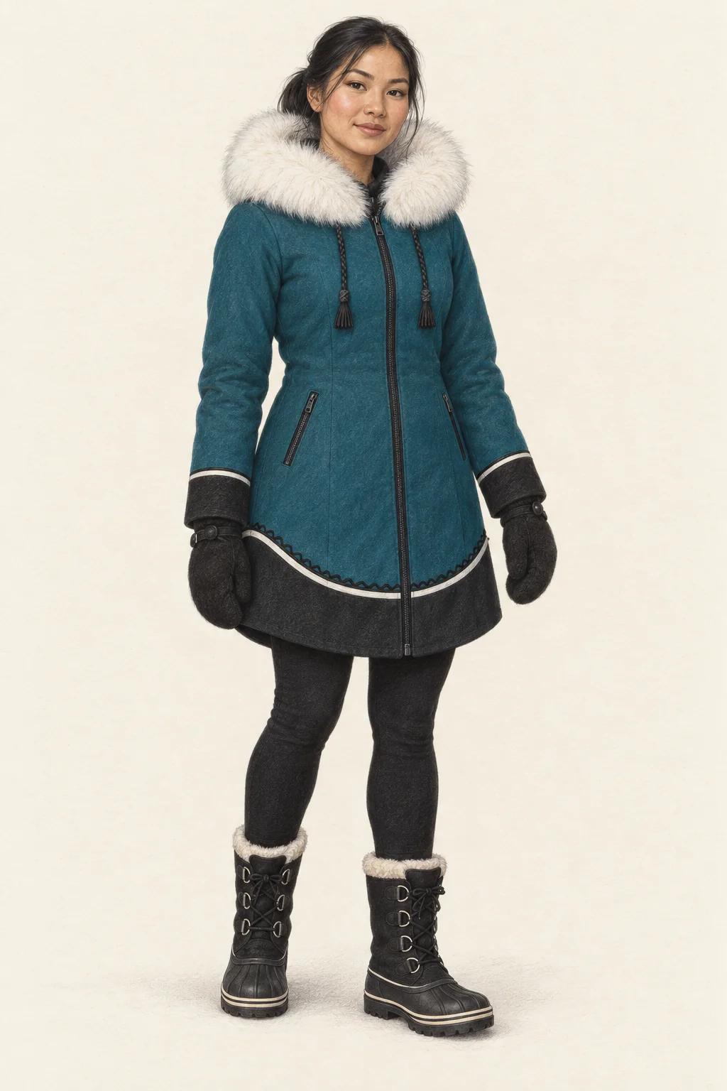 Full-length pencil illustration of a young Inuk woman wearing a teal parka with white hood trim, black leggings, mittens and black winter boots.