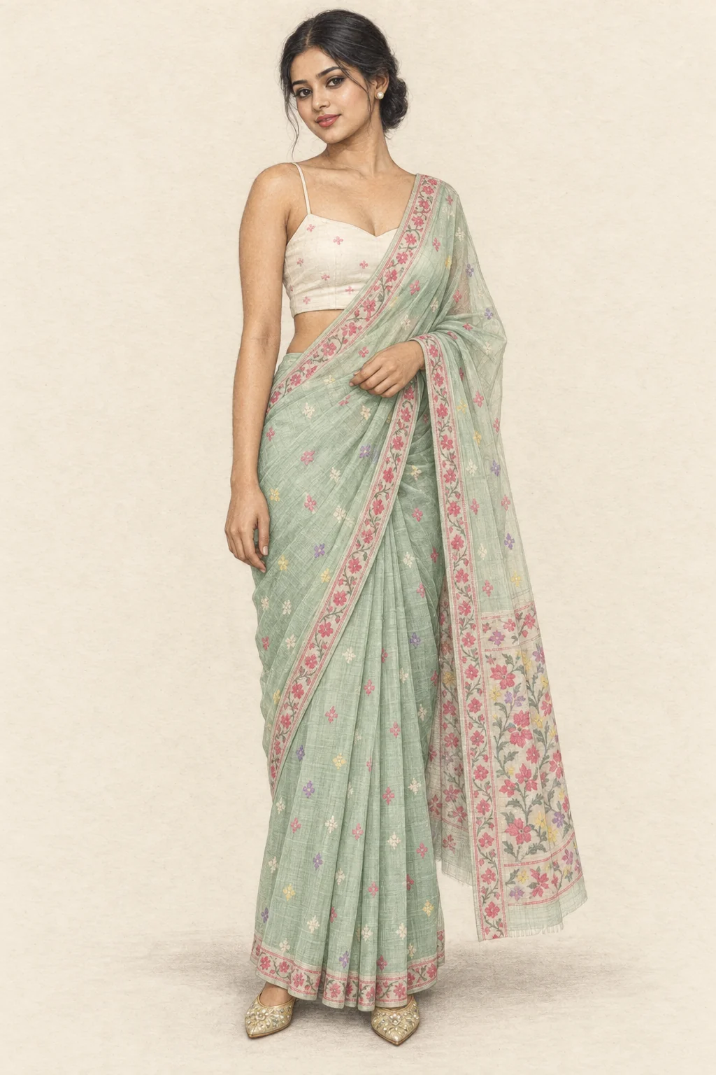 Full coloured-pencil woman in a mint floral sari, ivory thin-strap blouse, pearl studs and gold juttis.