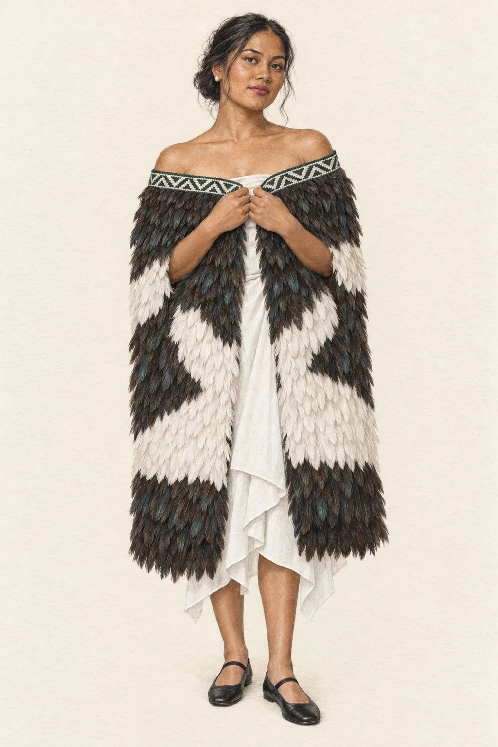 Fictional woman wearing a dark and white feather kākahu over a white linen dress with black flat shoes.