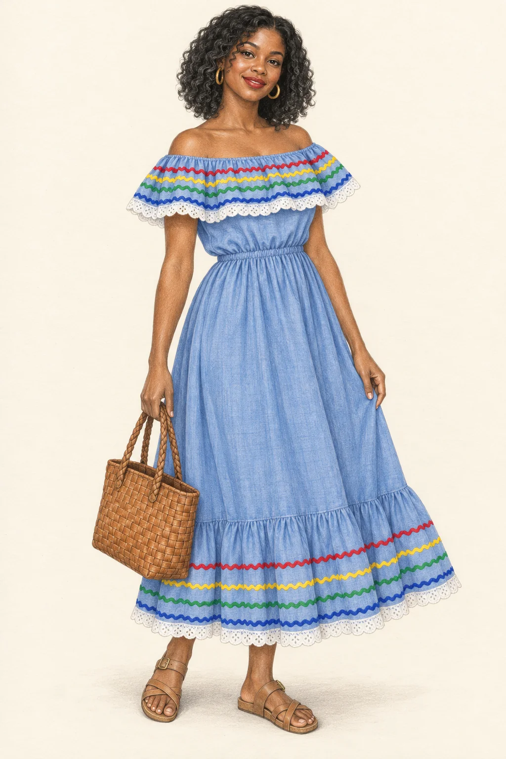 Full-length pencil illustration of a young Haitian woman in a blue ruffled karabela with multicoloured trim, flat sandals and a woven bag.